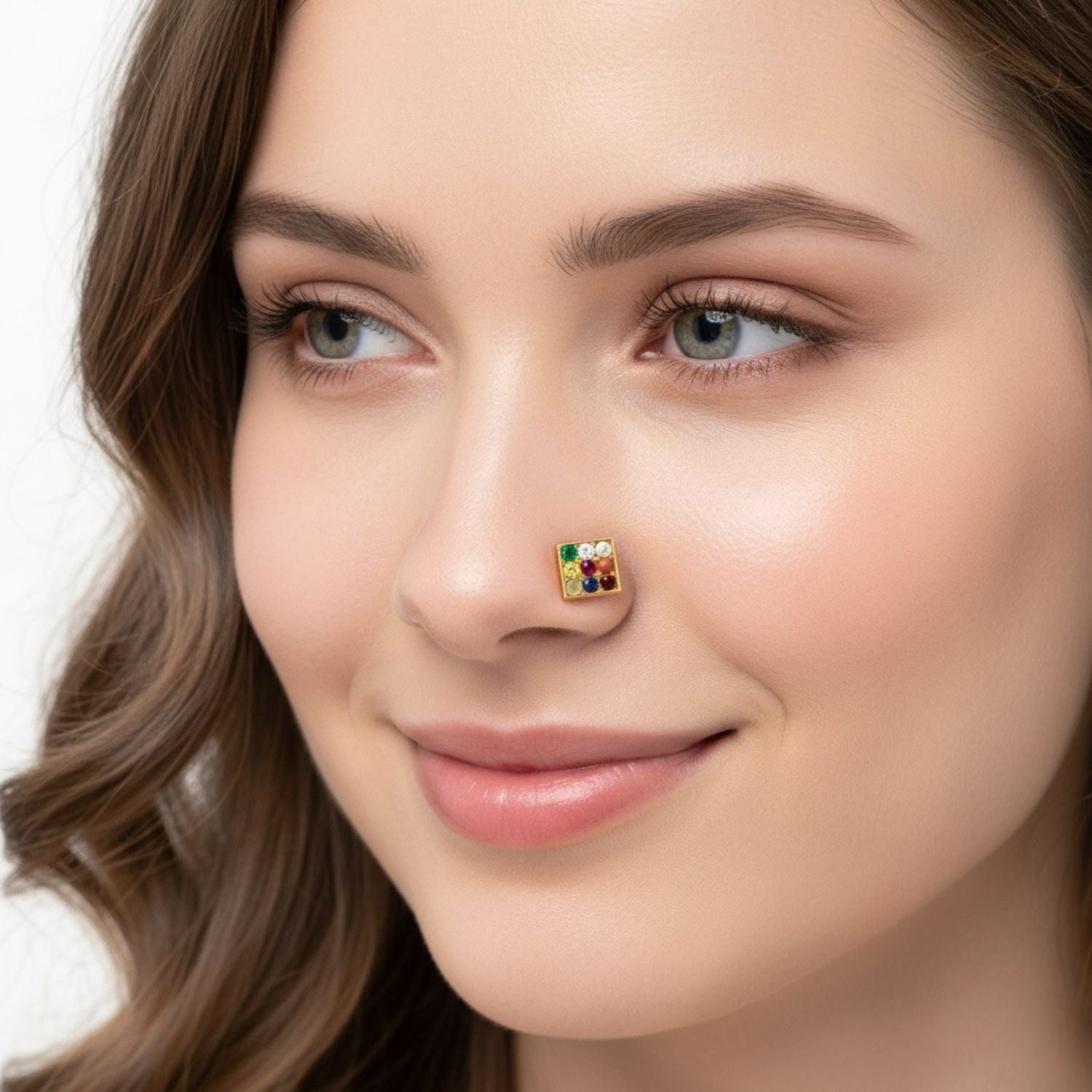 Navratna Square Multigem Nose Pin – Sterling Silver Gold Plated