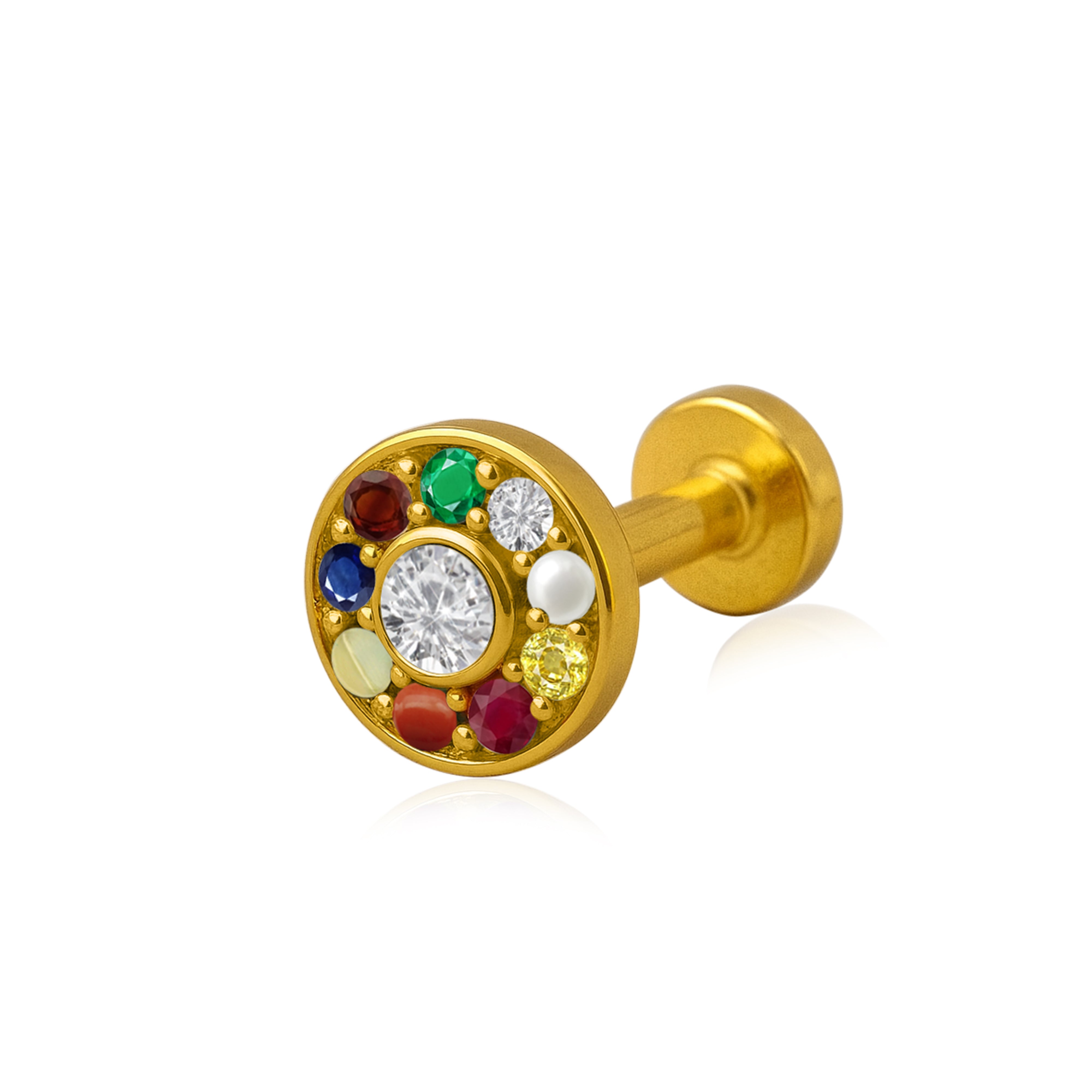 Navratna Classic Round Multi Gemstone Nose Pin – Sterling Silver Gold Plated