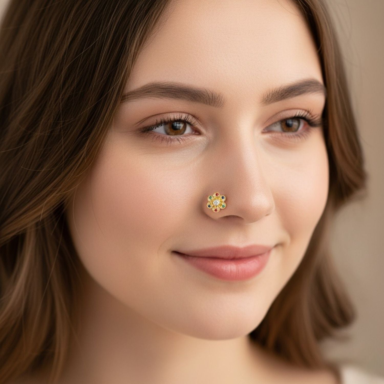 Navratna Floral Colorful Petal Design Nose Pin – Sterling Silver Gold Plated
