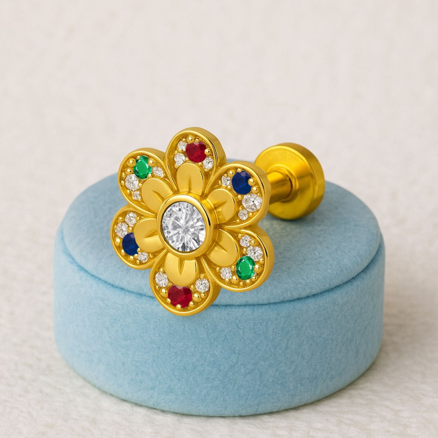 Perno da naso con pietra trasparente a grappolo floreale - Argento Sterling