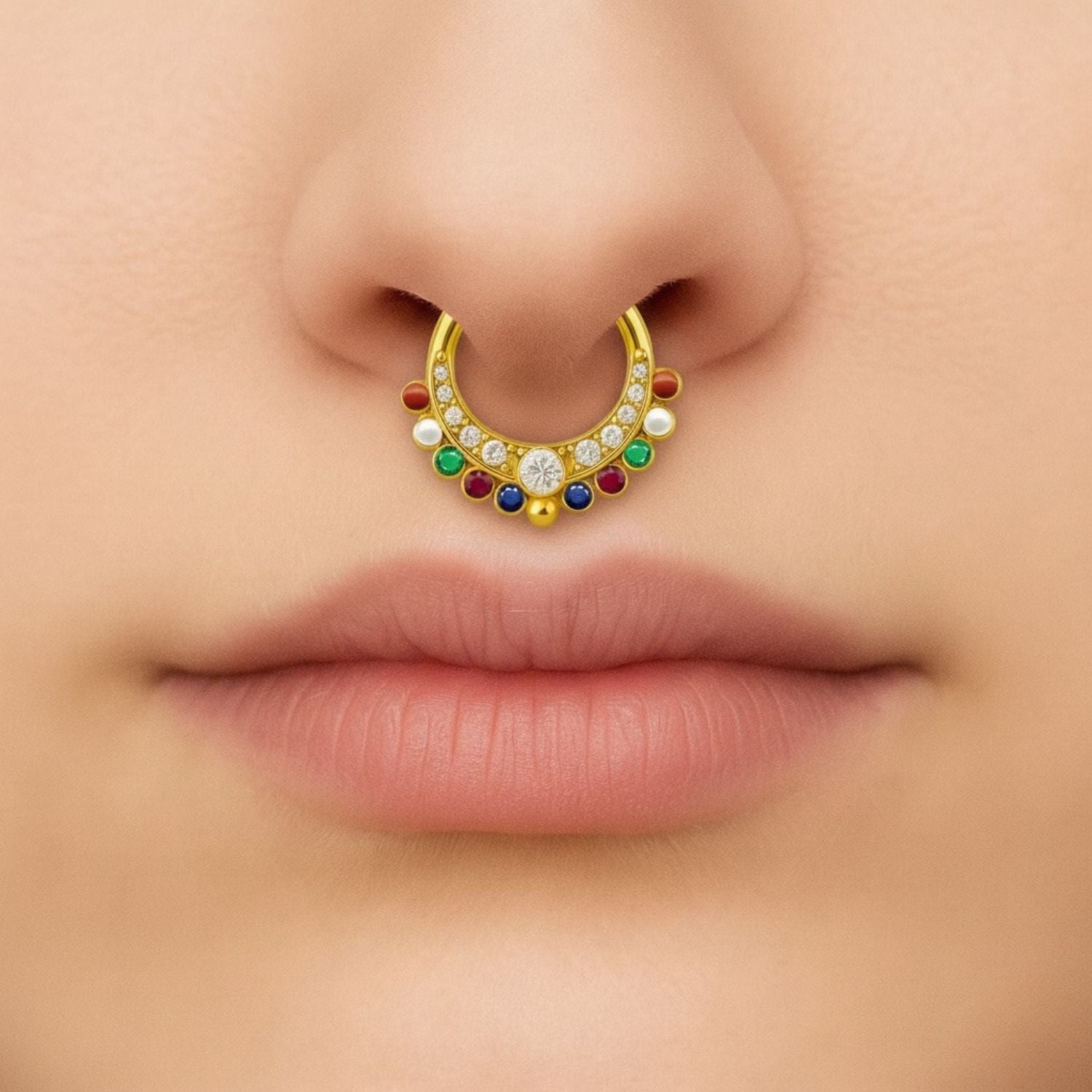Navratna Multi Gemstone Crescent Design Septum Nose Pin – Sterling Silver Gold Plated