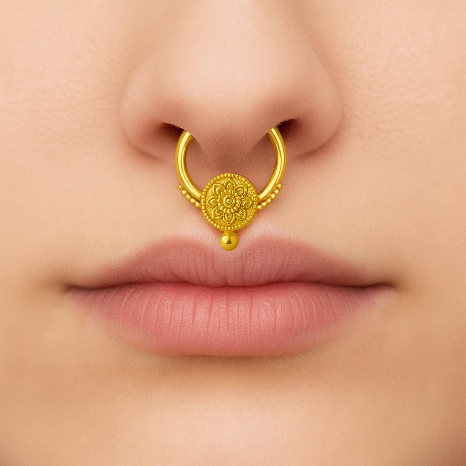 Floral Beaded Mandala Septum Nose Pin – Sterling Silver Gold Plated