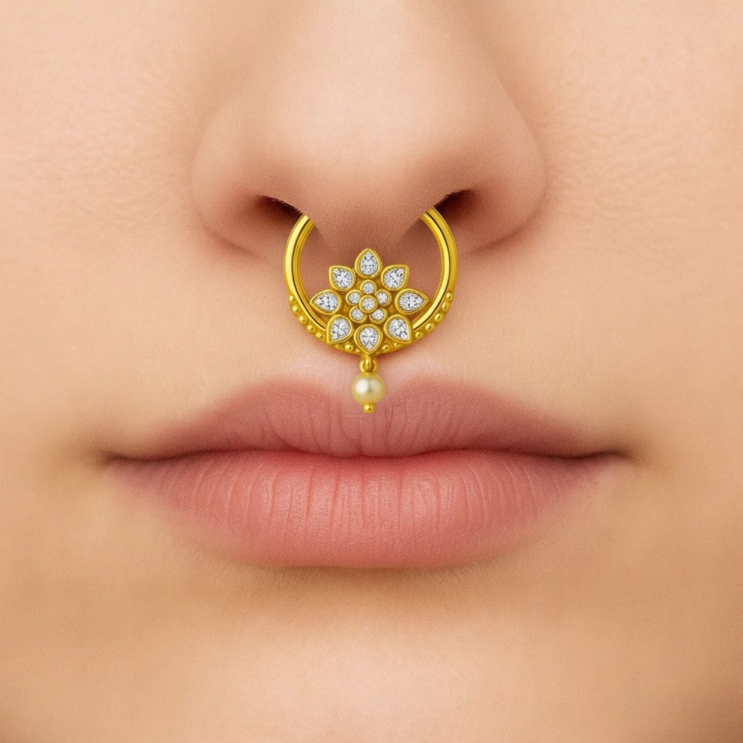White CZ Floral with Pearl Drop Septum Nose Pin – Sterling Silver Gold Plated