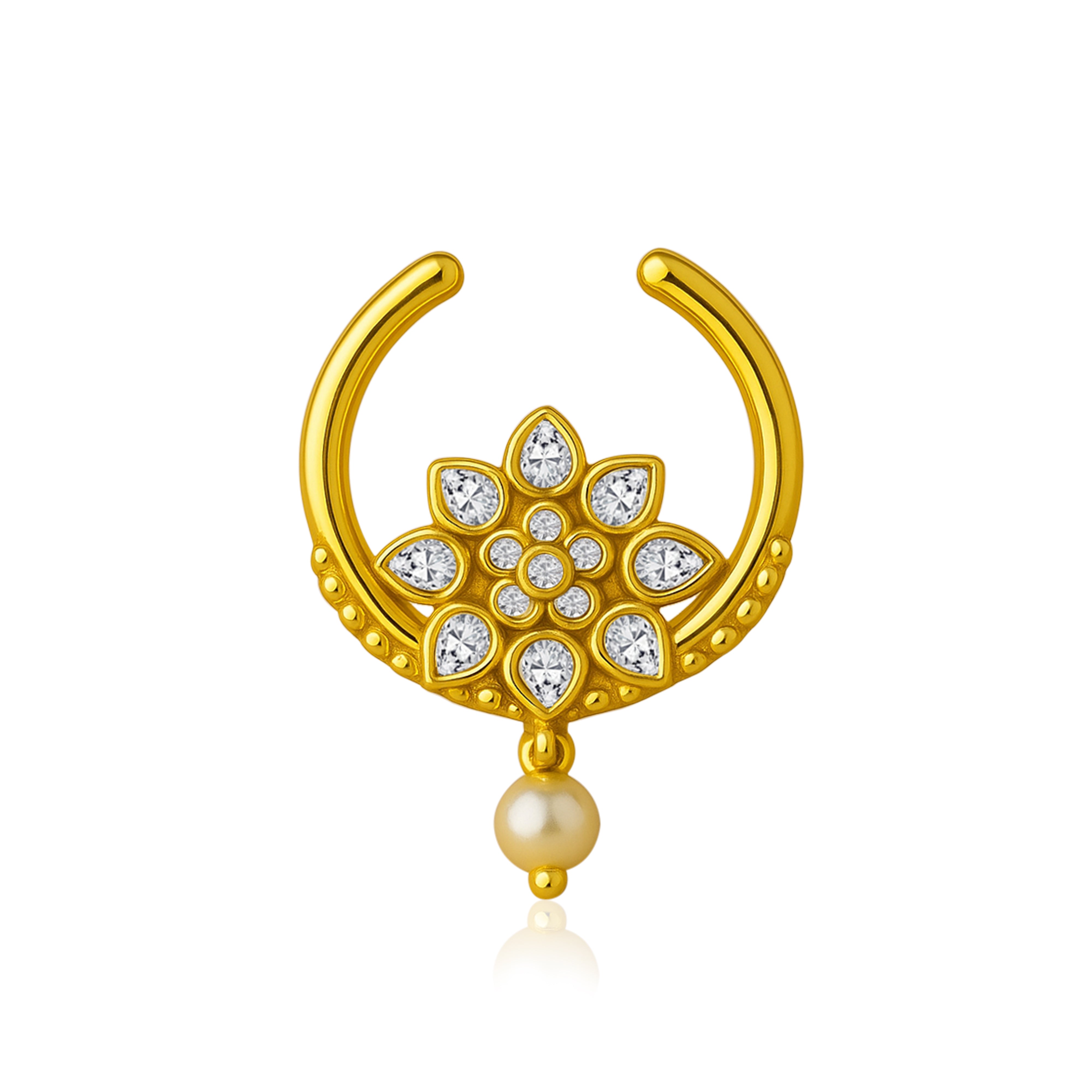 White CZ Floral with Pearl Drop Septum Nose Pin – Sterling Silver Gold Plated