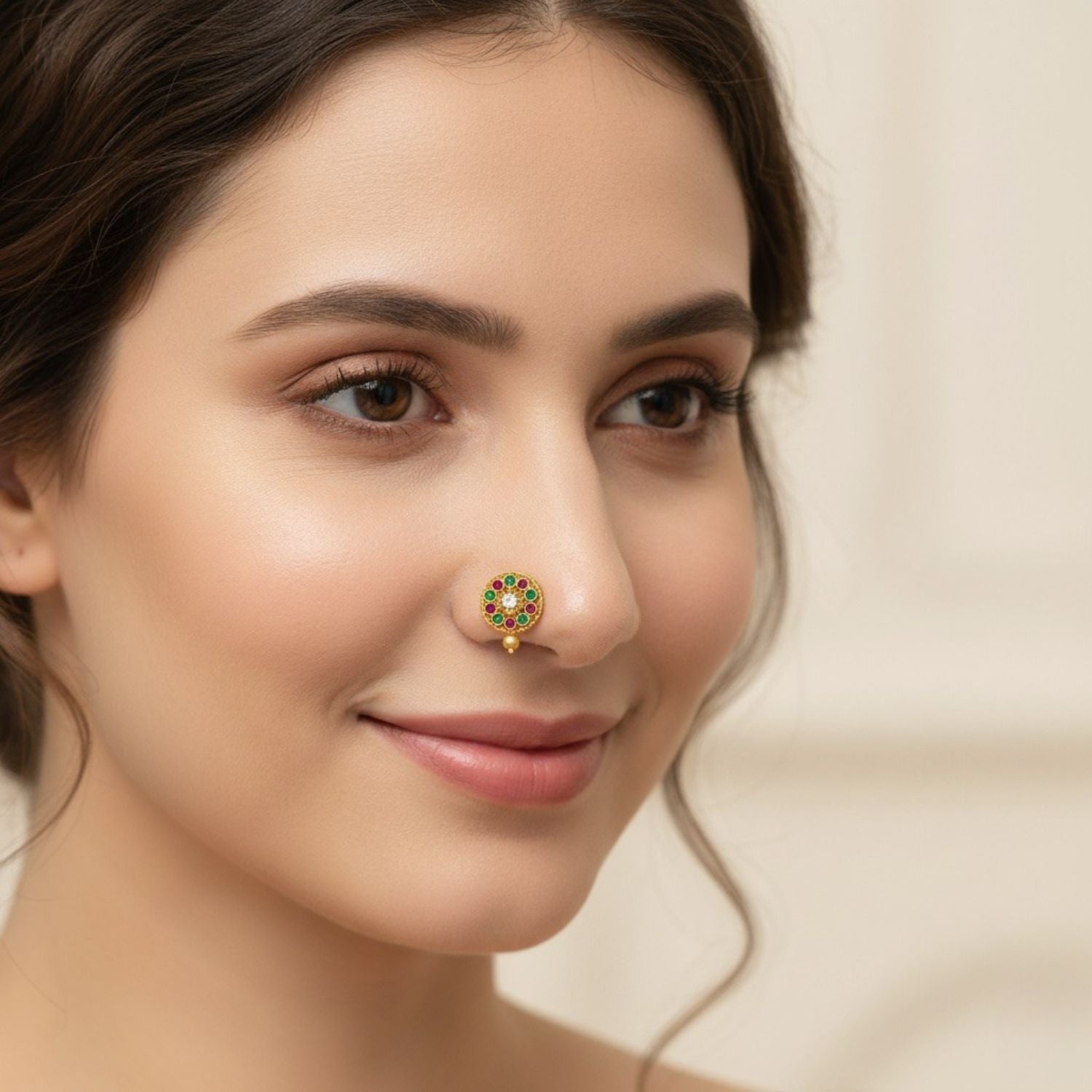 Red-Green CZ Floral Nose Pin – Sterling Silver Gold Plated