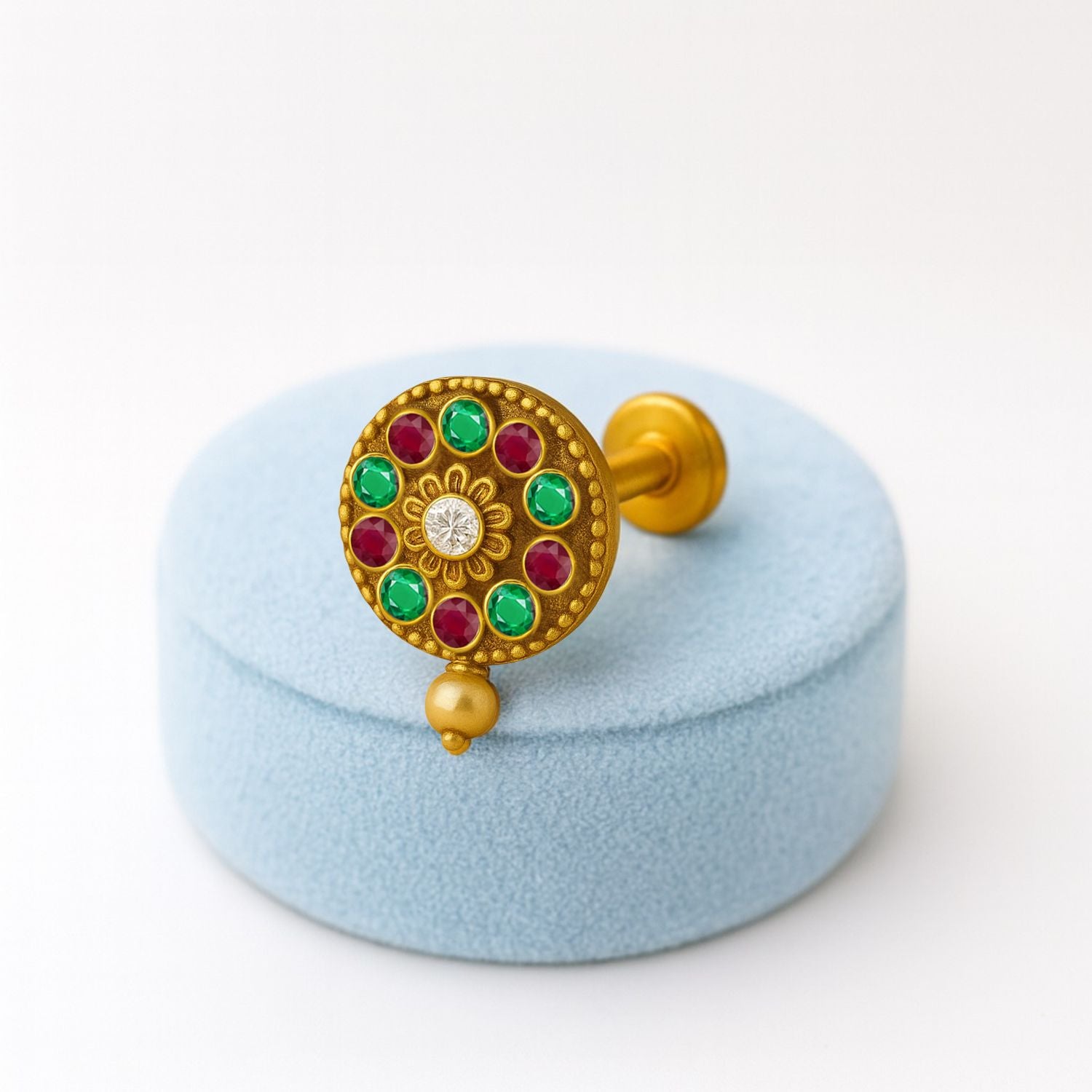 Red-Green CZ Floral Nose Pin – Sterling Silver Gold Plated