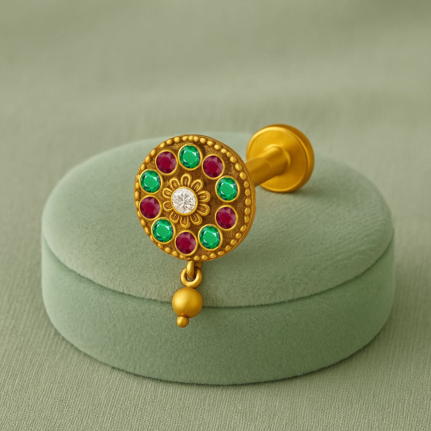 Red-Green CZ Floral Nose Pin – Sterling Silver Gold Plated