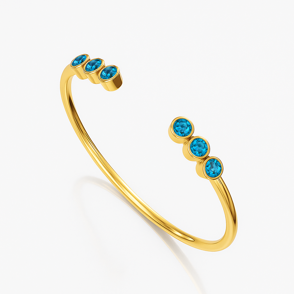 Swiss Blue Topaz Gold Plated Open Cuff Design Bangle – Sterling Silver