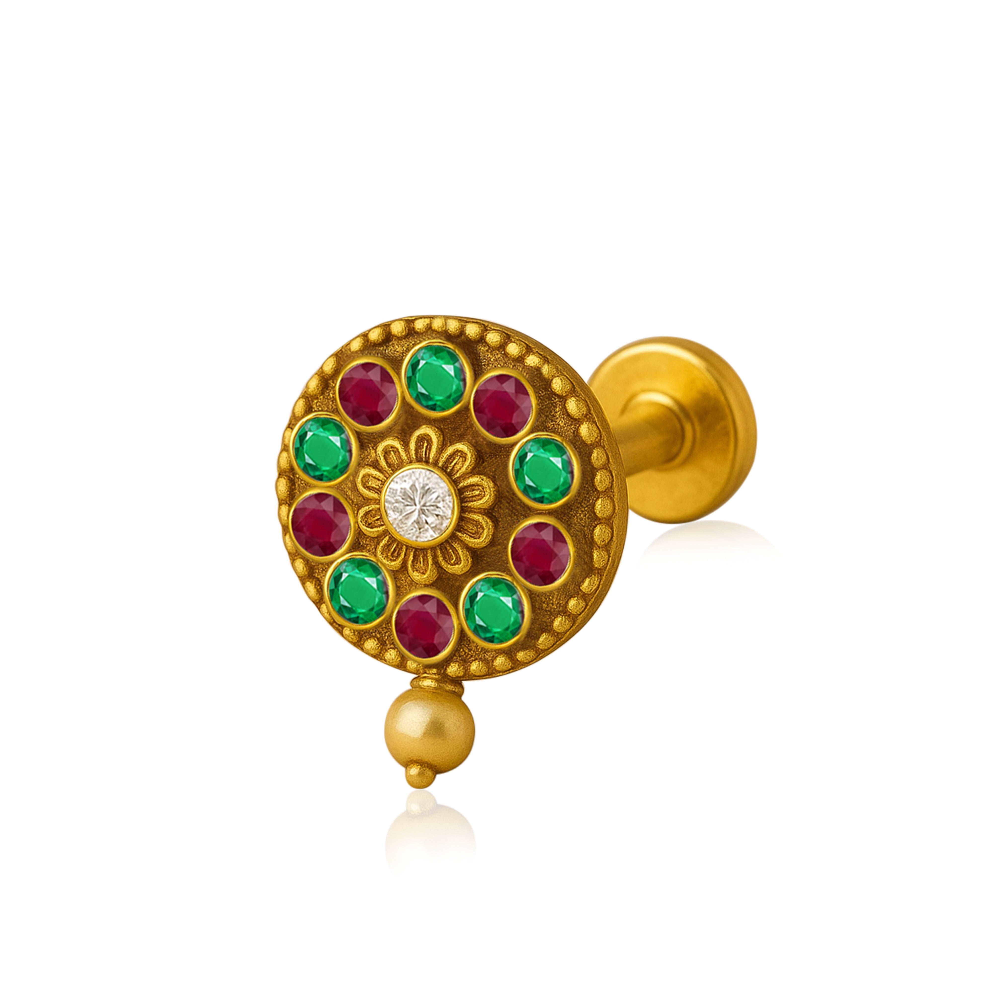 Red-Green CZ Floral Nose Pin – Sterling Silver Gold Plated