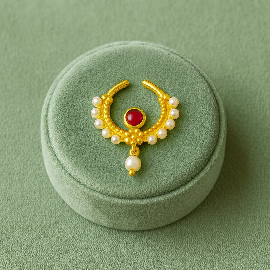 Red CZ & Pearl Crescent Design Septum Nose Pin – Sterling Silver Gold Plated