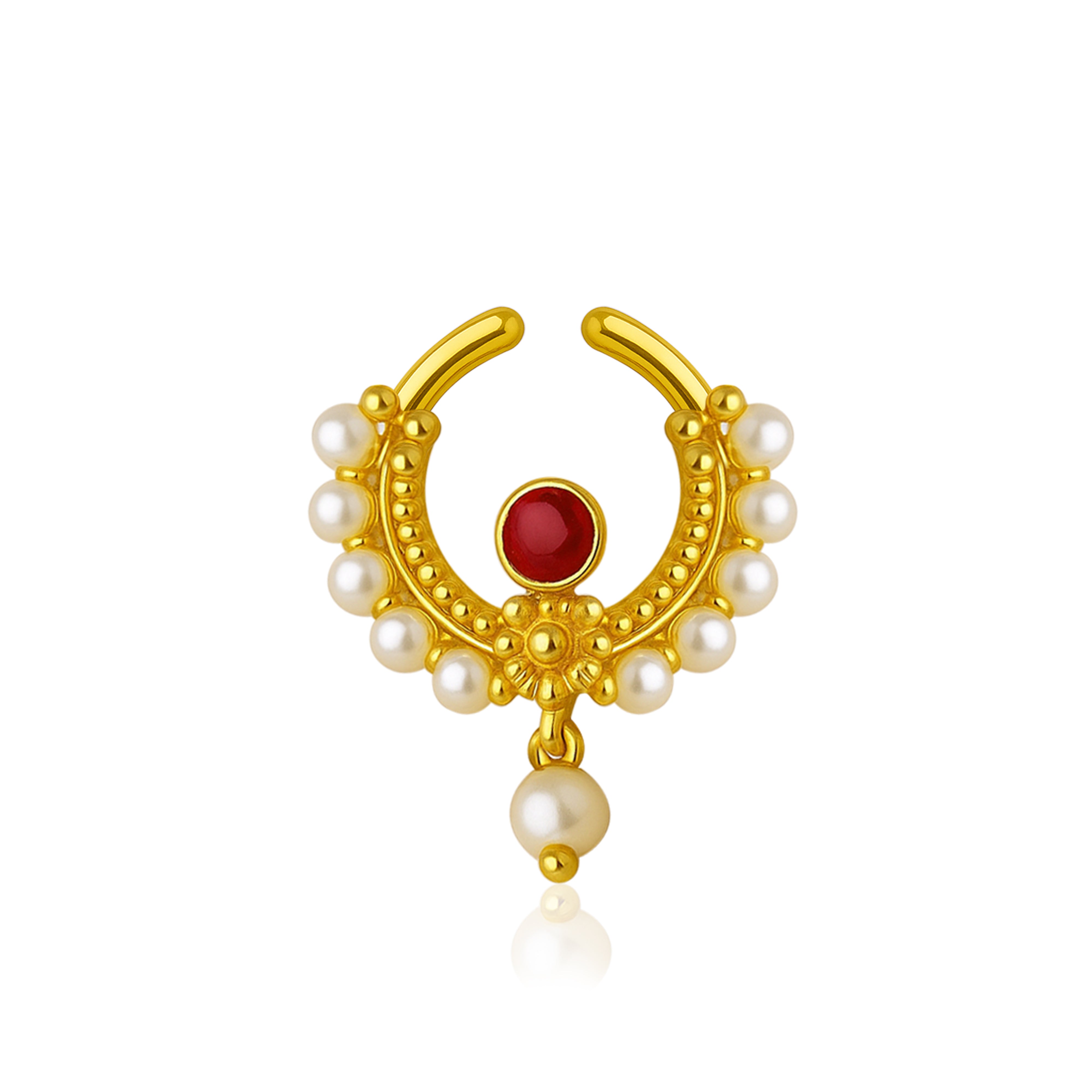 Red CZ & Pearl Crescent Design Septum Nose Pin – Sterling Silver Gold Plated