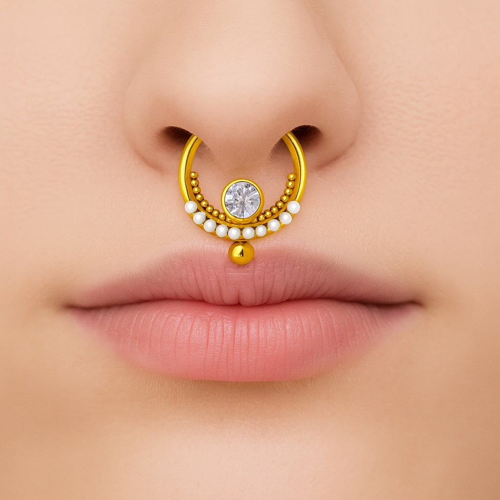 White CZ & Pearl Crescent Design Septum Nose Pin – Sterling Silver Gold Plated