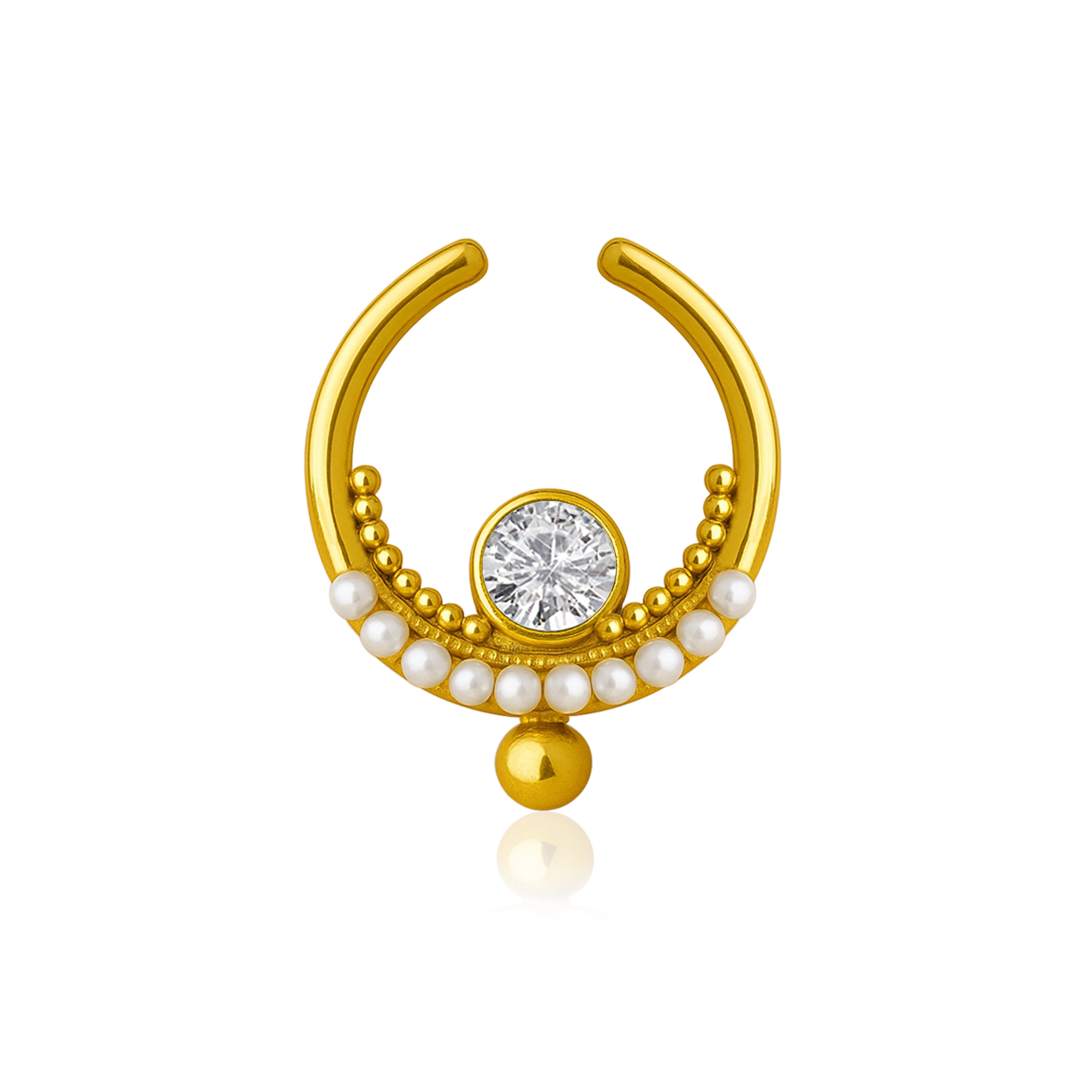 White CZ & Pearl Crescent Design Septum Nose Pin – Sterling Silver Gold Plated