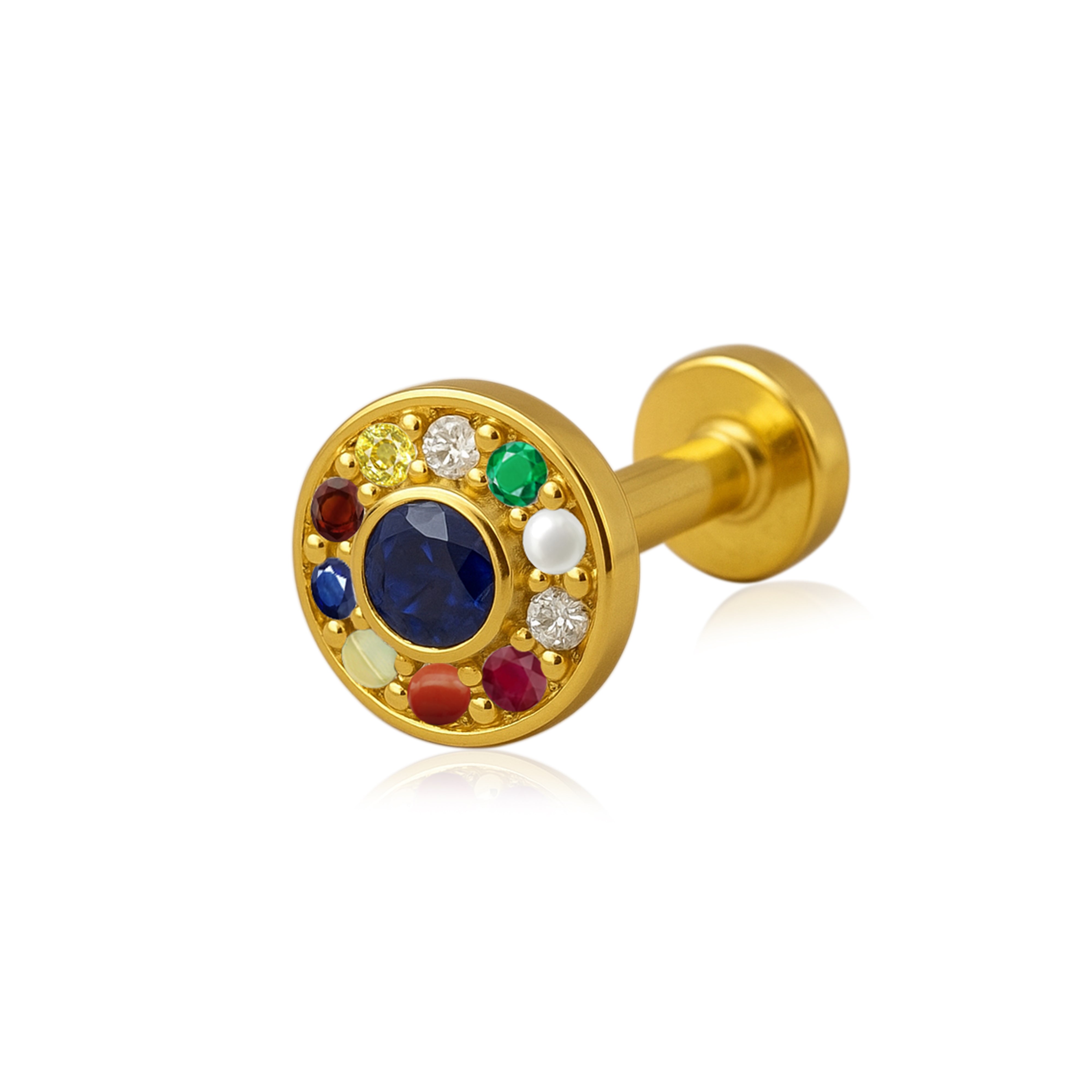 Navratna Round Multi Gemstone Nose Pin – Sterling Silver Gold Plated