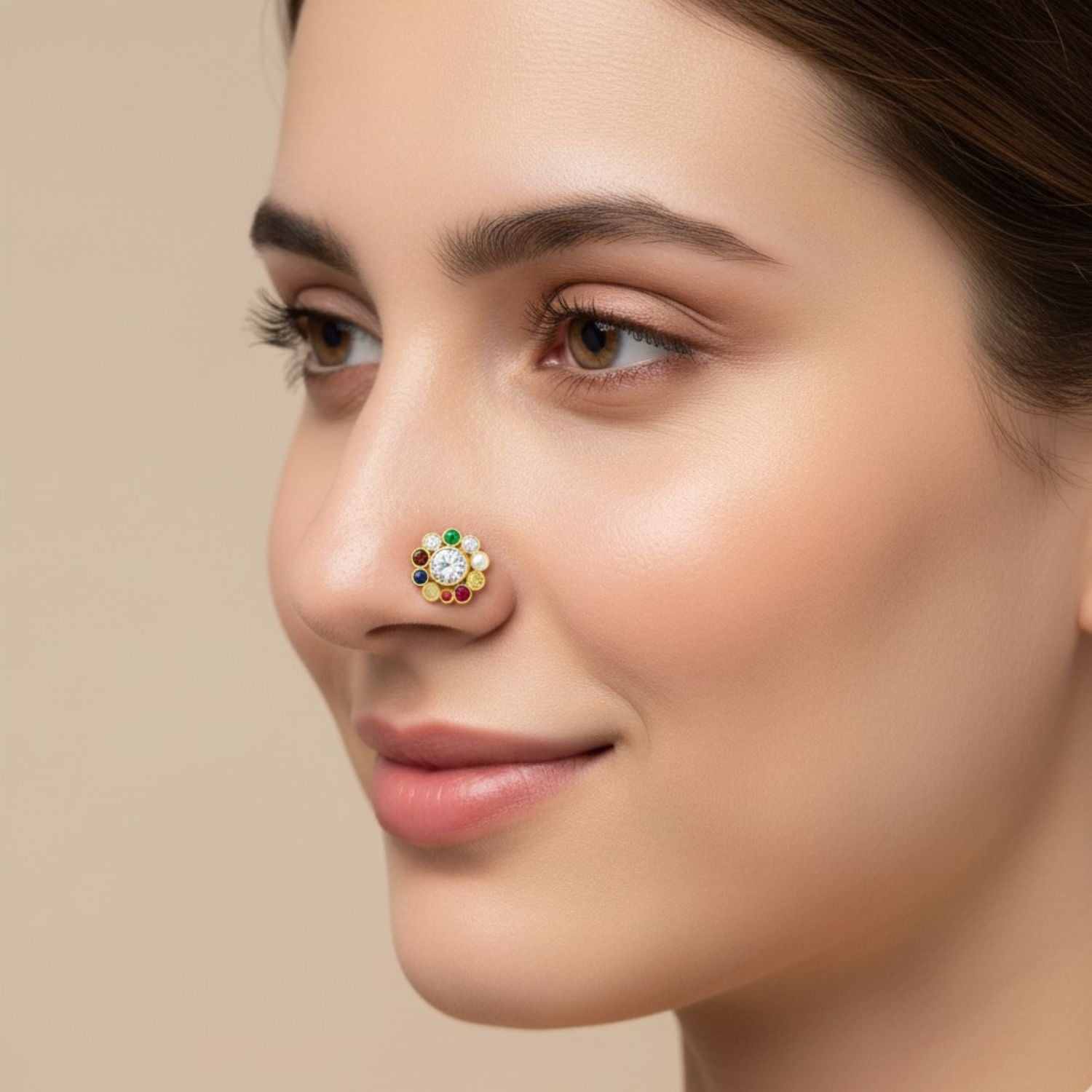 Navratna Floral Round Multigem Nose Pin – Sterling Silver Gold Plated