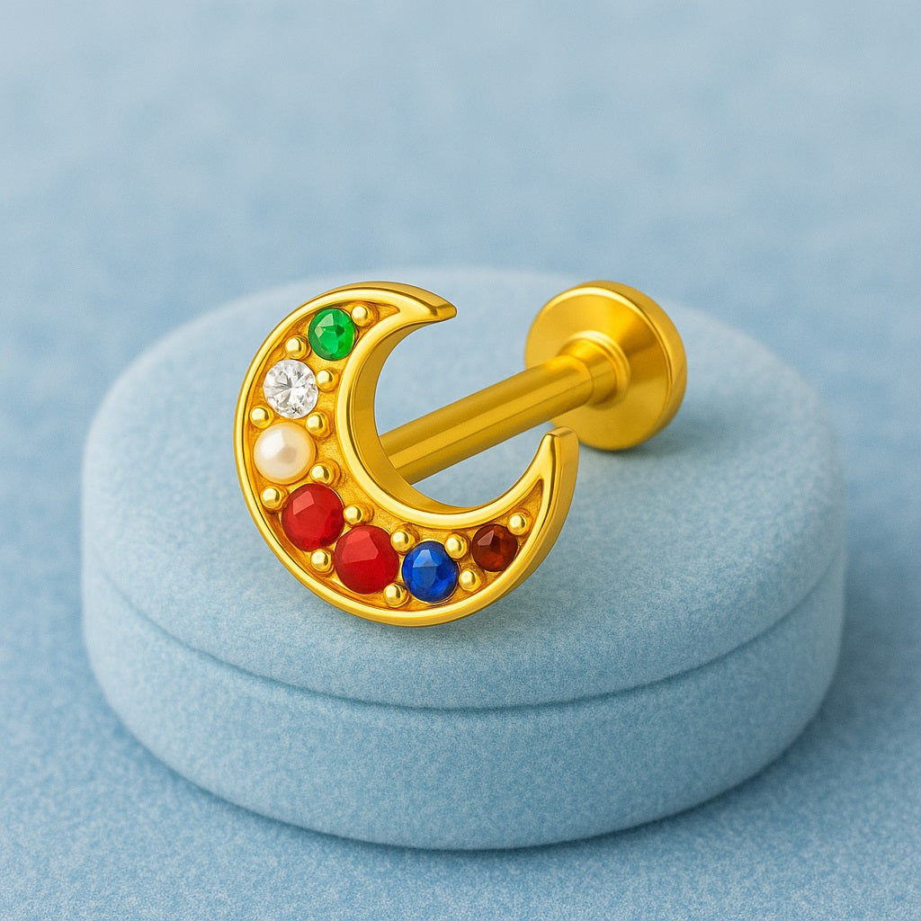 Navratna Crescent Moon Multigems Nose Pin – Sterling Silver Gold Plated
