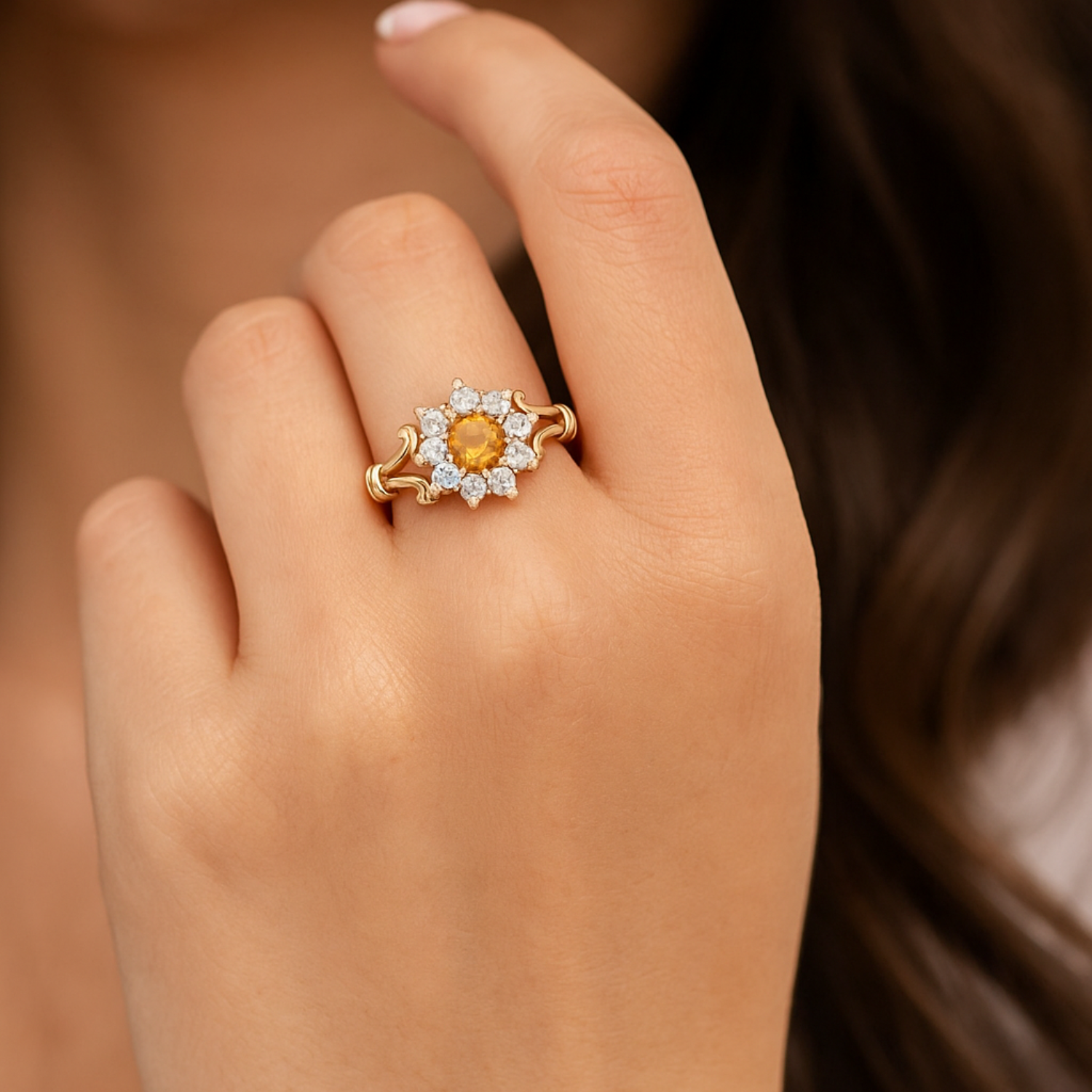 Citrine Floral Halo Design Ring – Sterling Silver