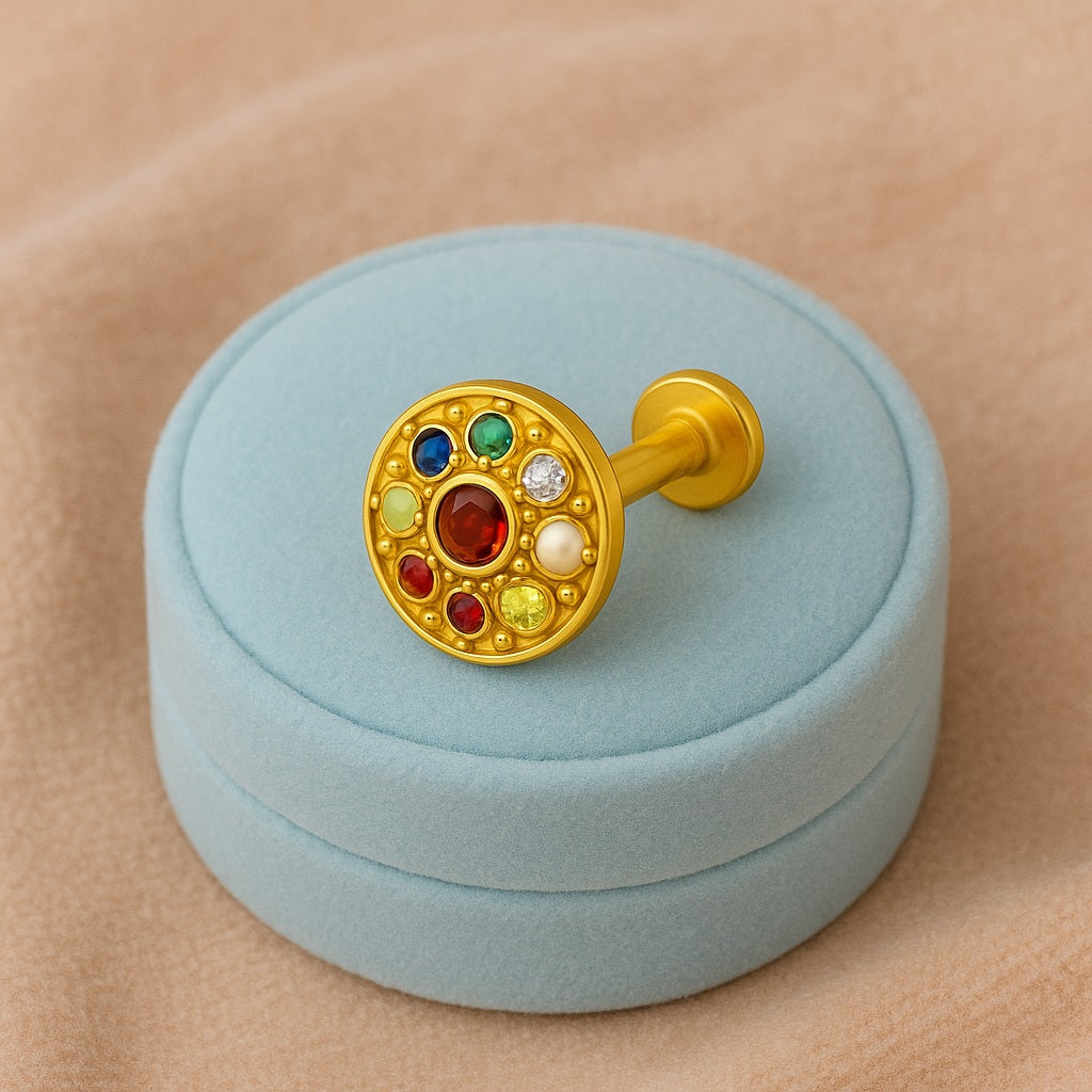 Navratna Round Mandala Multigems Nose Pin – Sterling Silver Gold Plated