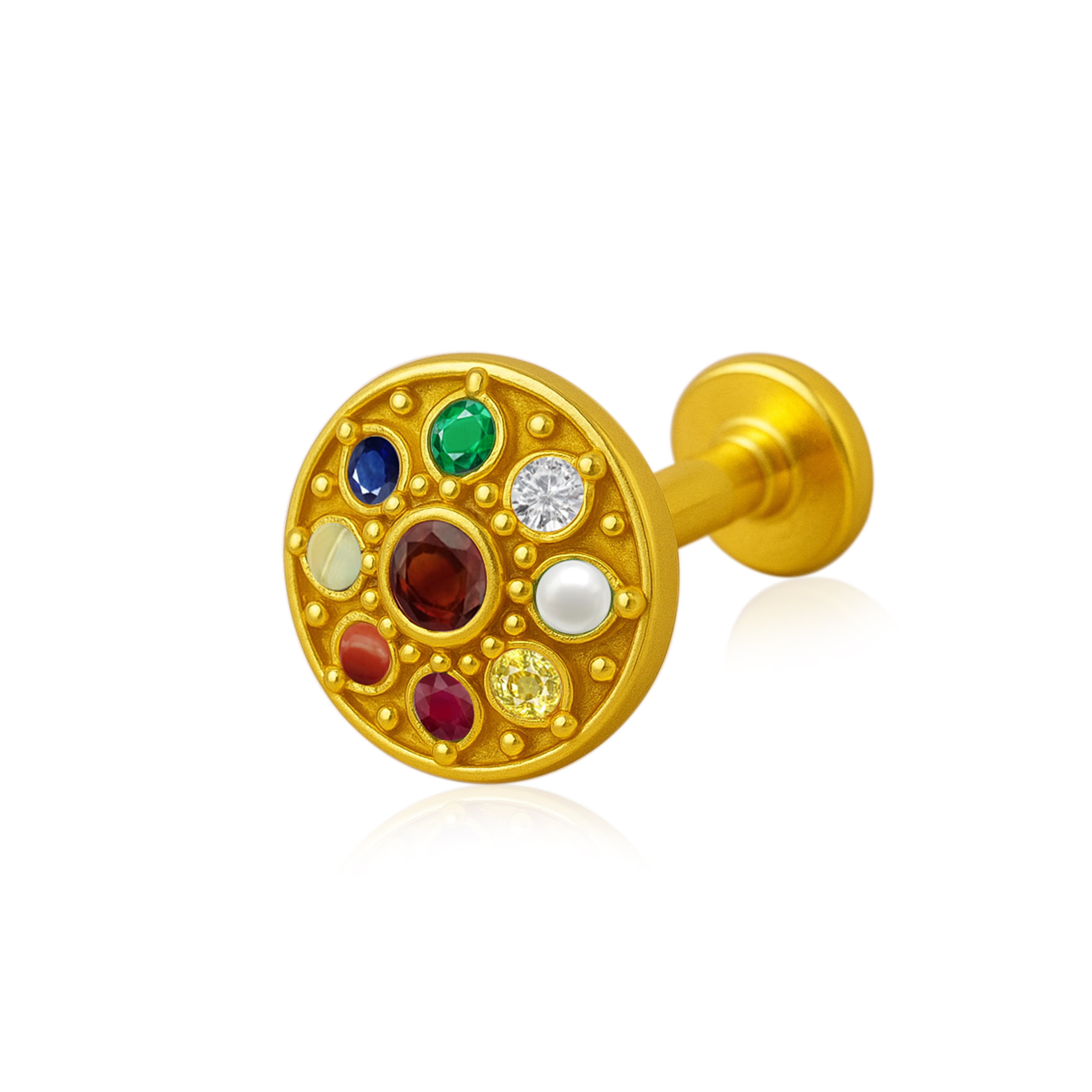Navratna Round Mandala Multigems Nose Pin – Sterling Silver Gold Plated