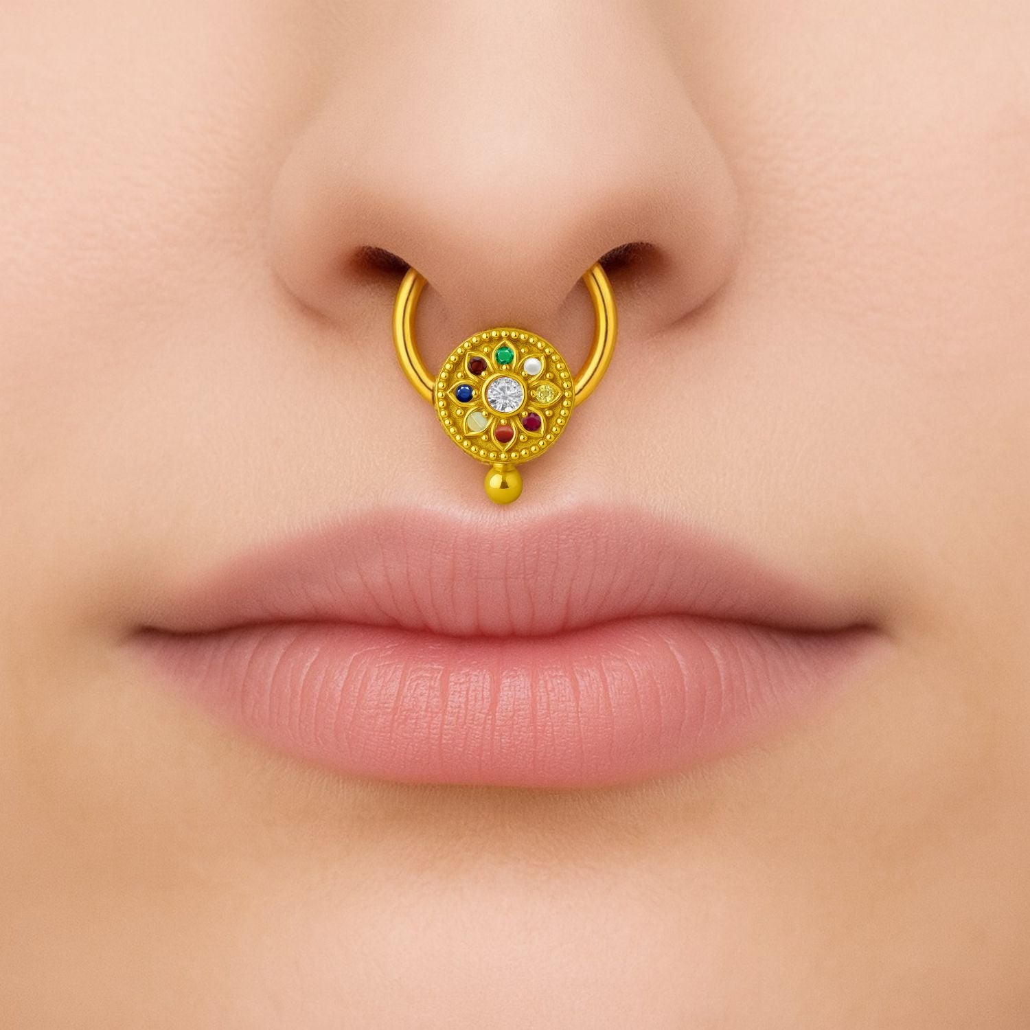 Navratna Floral Mandala Multi Gemstone Septum Nose Pin – Sterling Silver Gold Plated