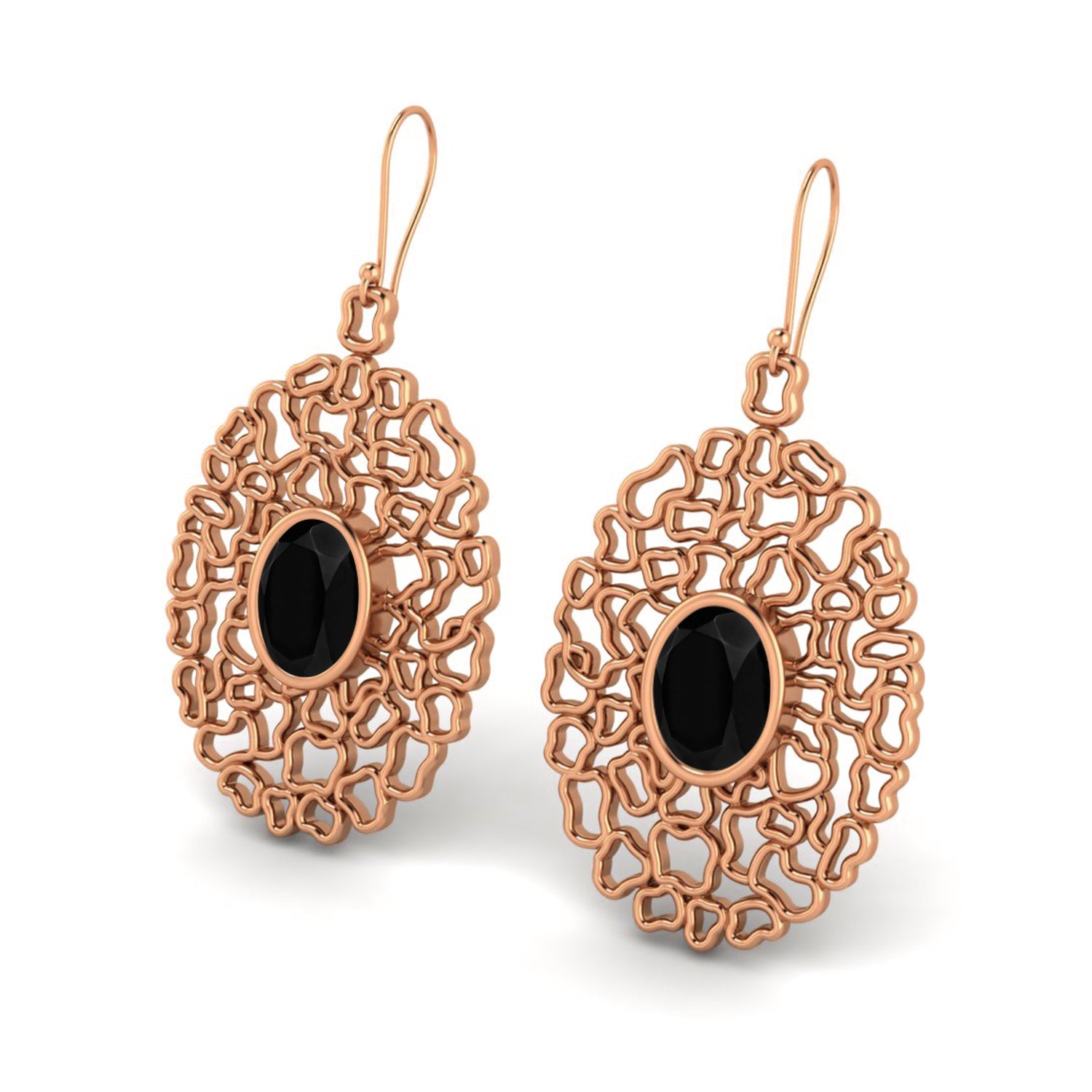 Black Spinel Filigree Drop Earrings - 925 Silver
