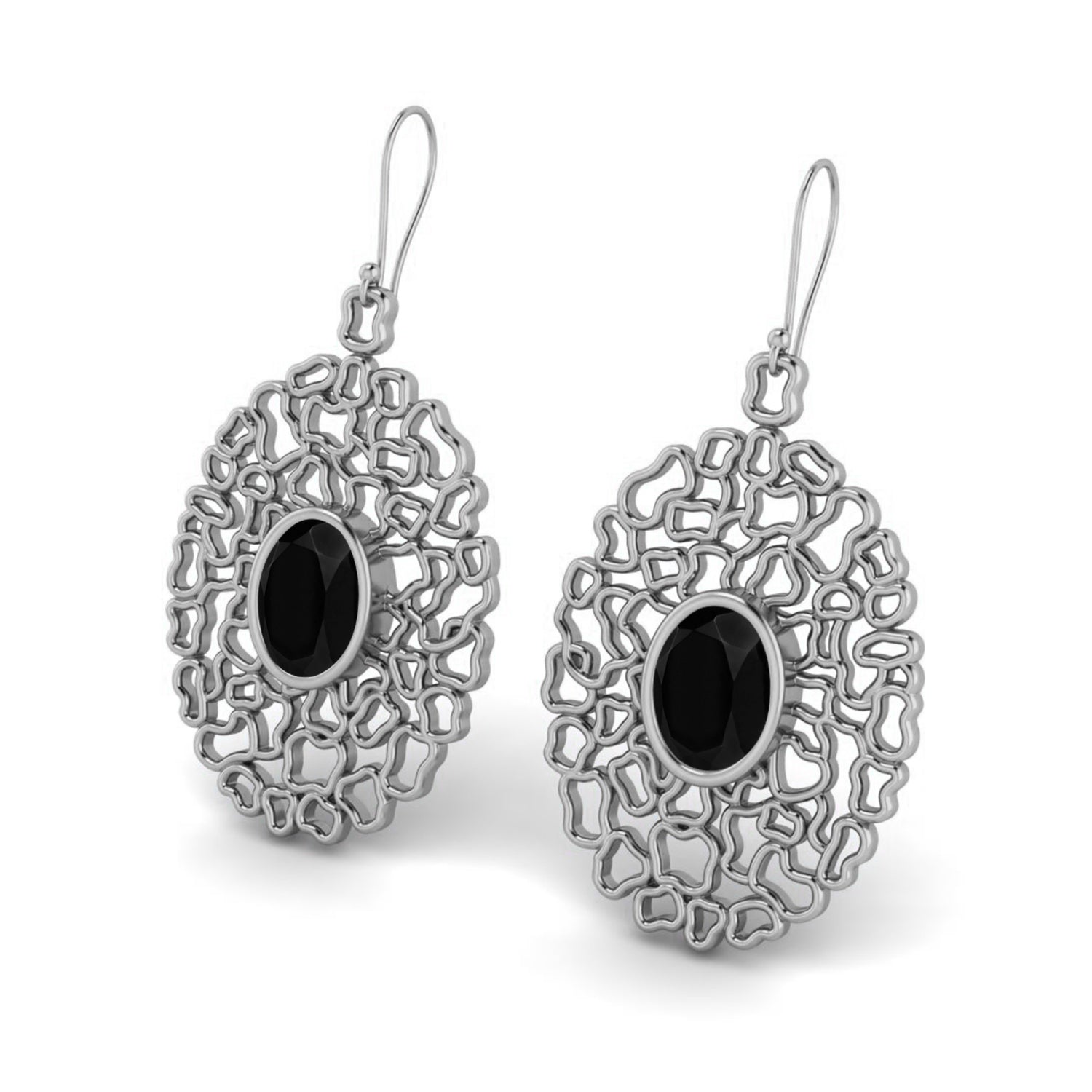 Black Spinel Filigree Drop Earrings - 925 Silver