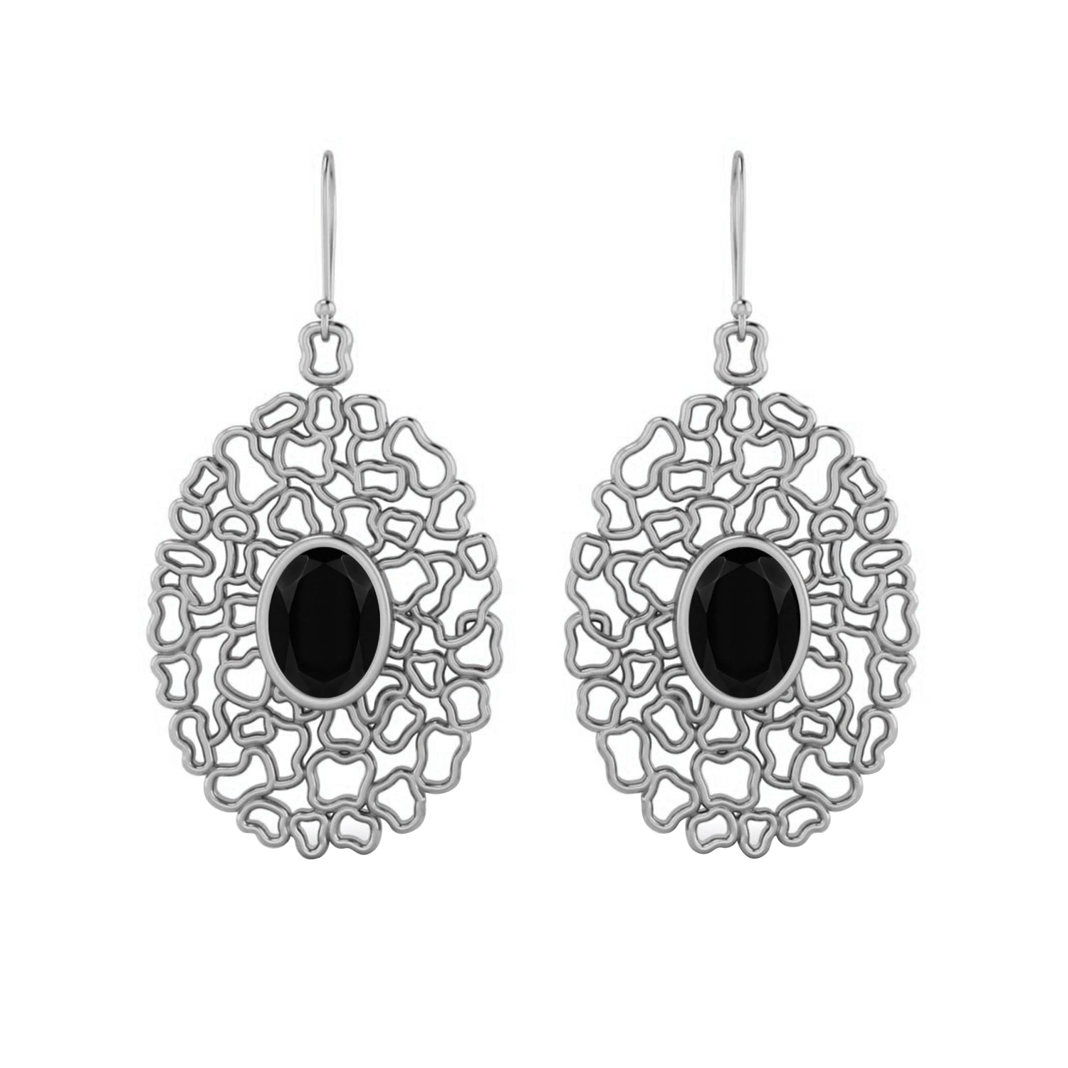 Black Spinel Filigree Drop Earrings - 925 Silver
