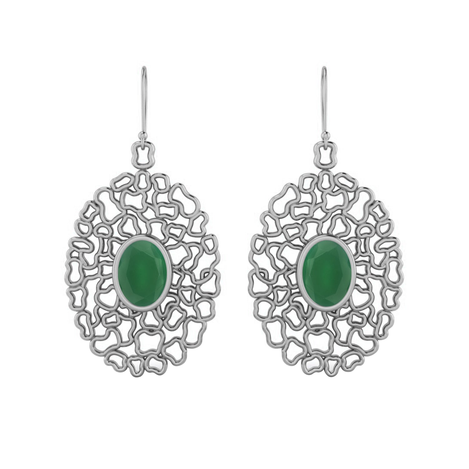 Green Onyx Filigree Drop Earrings - 925 Silver