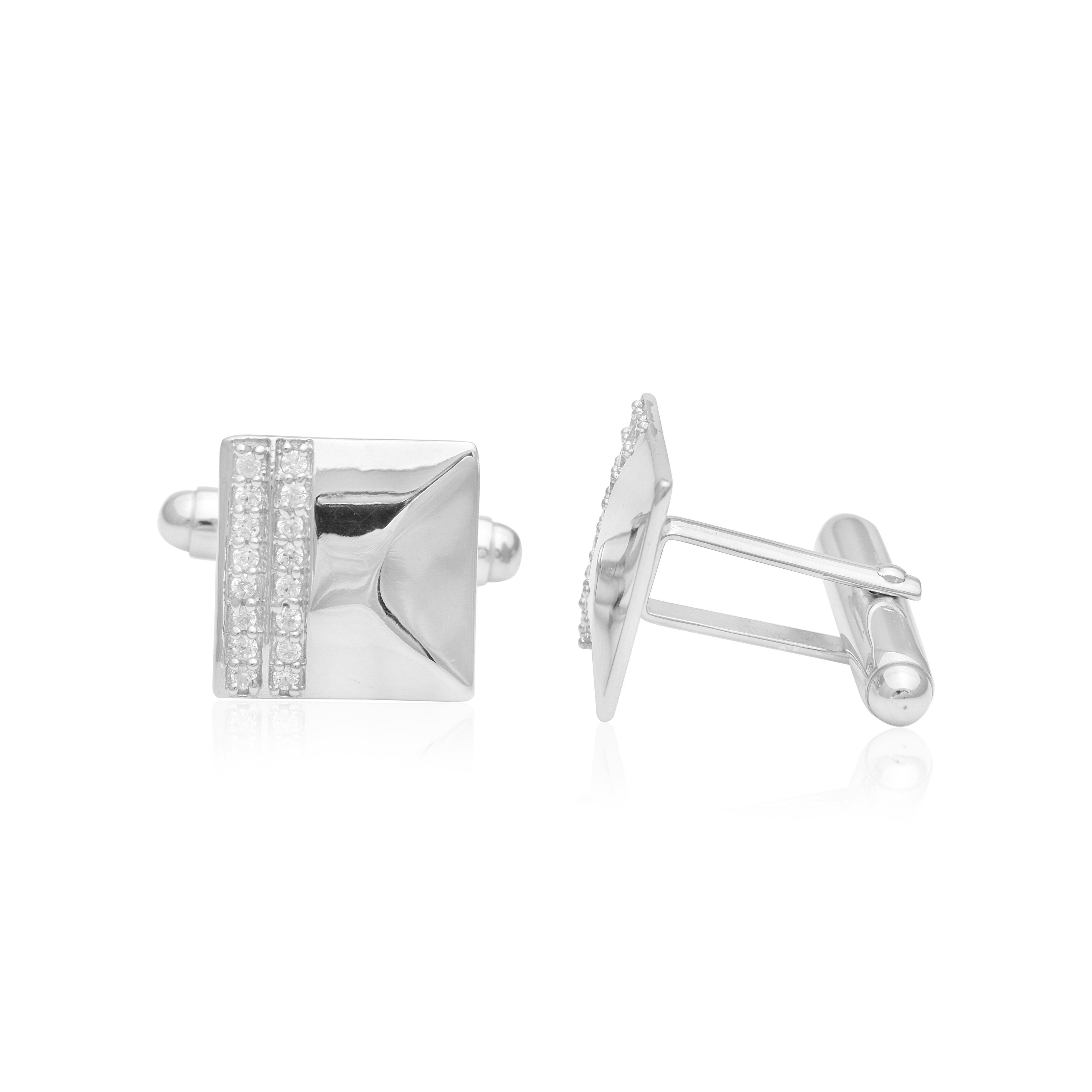 Round White CZ Square Cufflinks – Sterling Silver