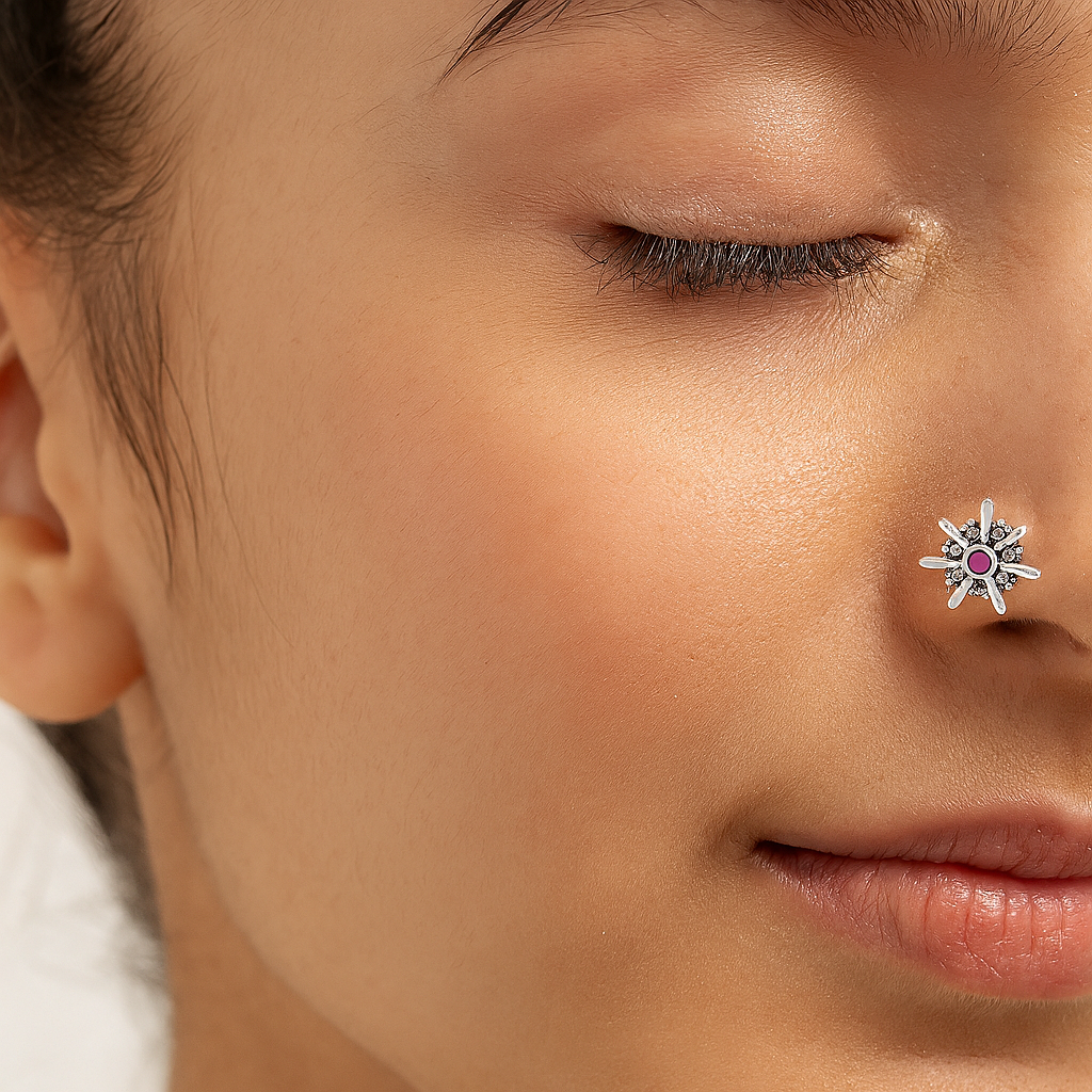 Multi Stone Floral Nose Pin - Sterling Silver