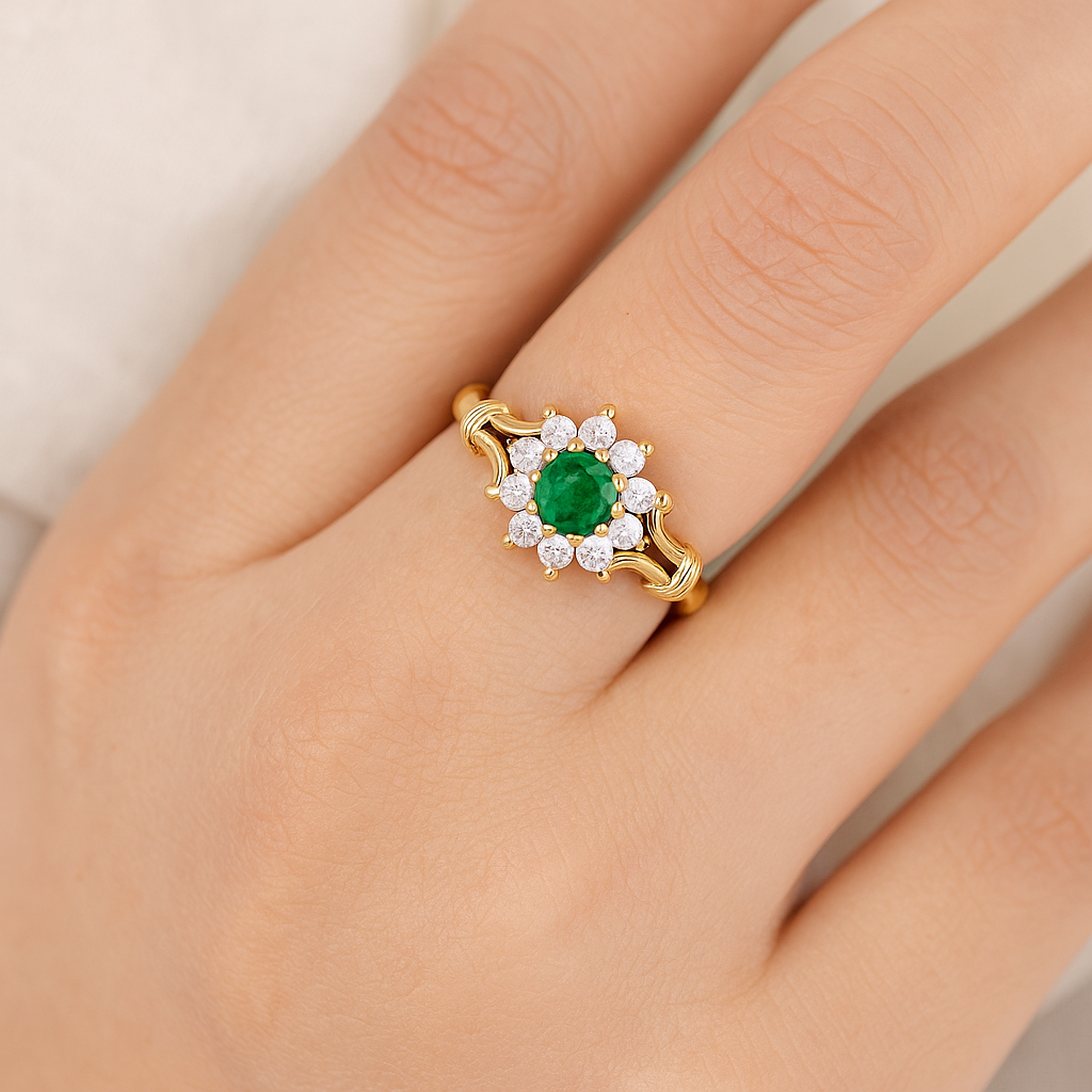 Emerald Floral-Inspired Design Ring - 14K Yellow Gold