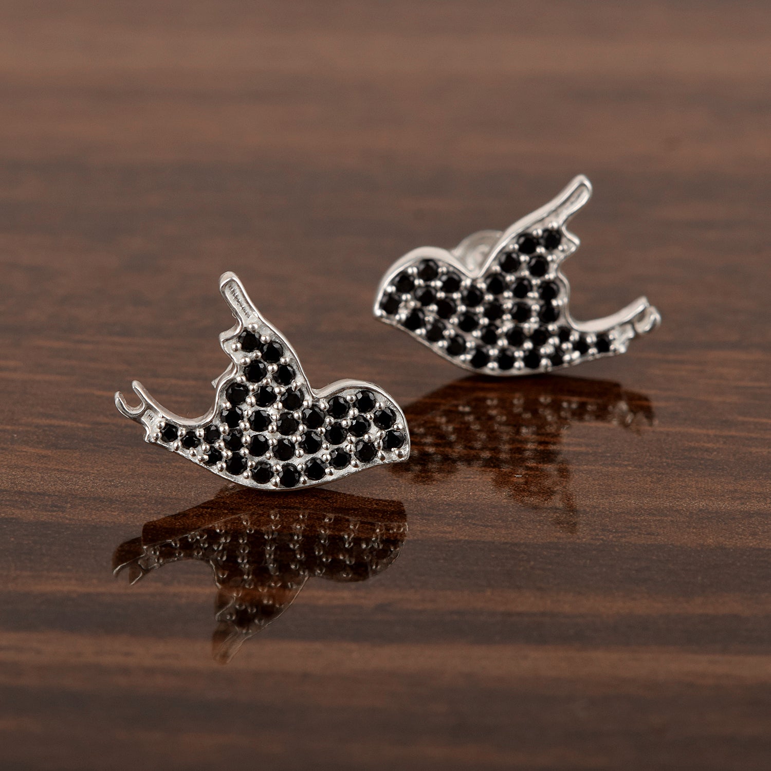 Black Spinel Sparrow Stud Earrings - Sterling Silver