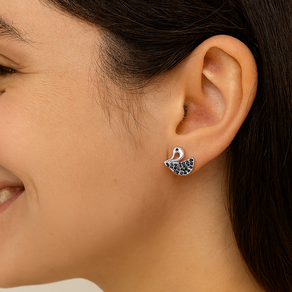 Black Spinel Duck Stud Earrings - Sterling Silver
