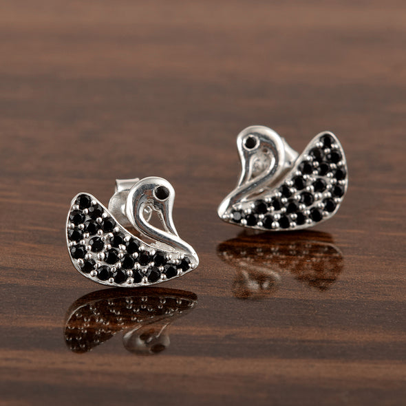 Sterling Silver Solid Swan Earrings Round Shaped Black Spinel Romantic Love Bird Earrings