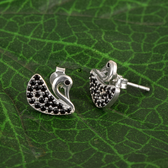 Sterling Silver Solid Swan Earrings Round Shaped Black Spinel Romantic Love Bird Earrings