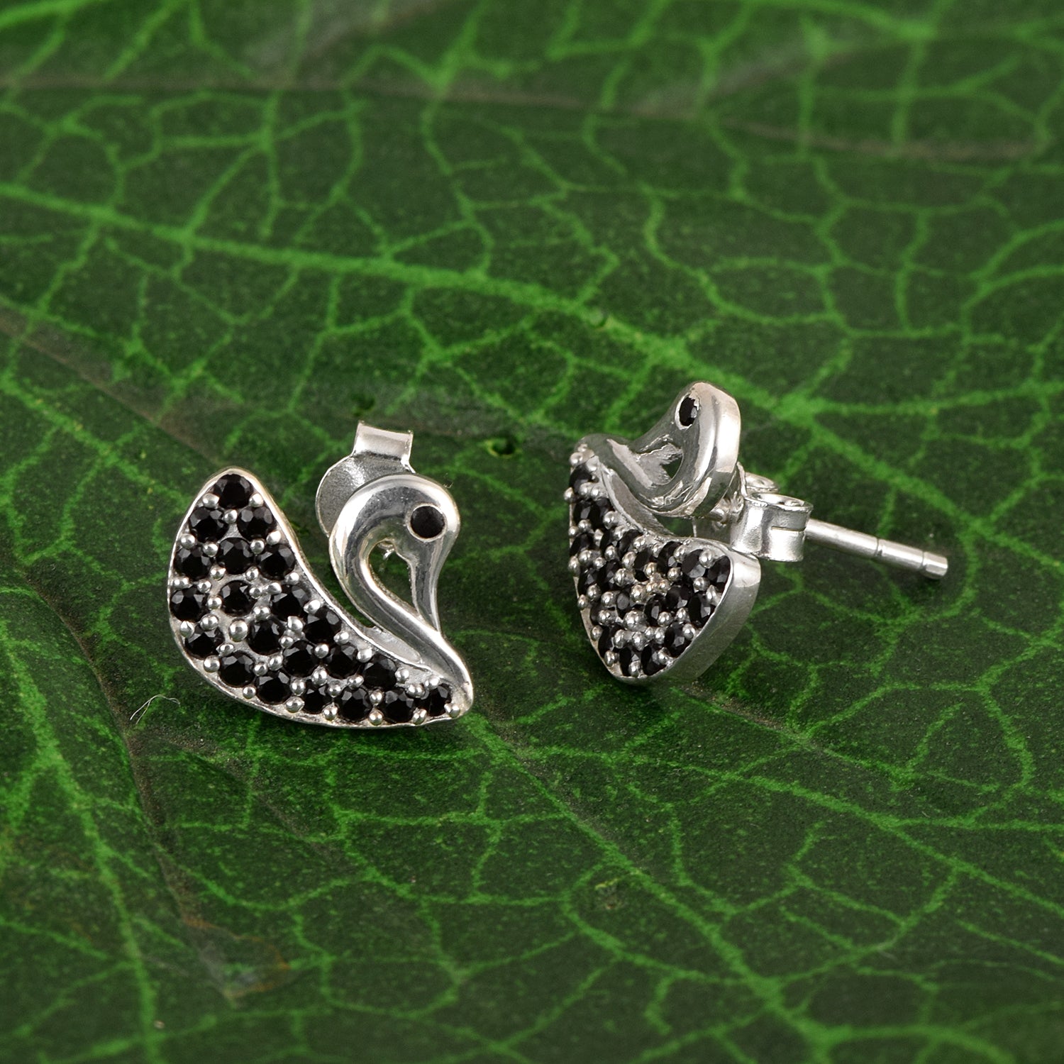 Black Spinel Duck Stud Earrings - Sterling Silver