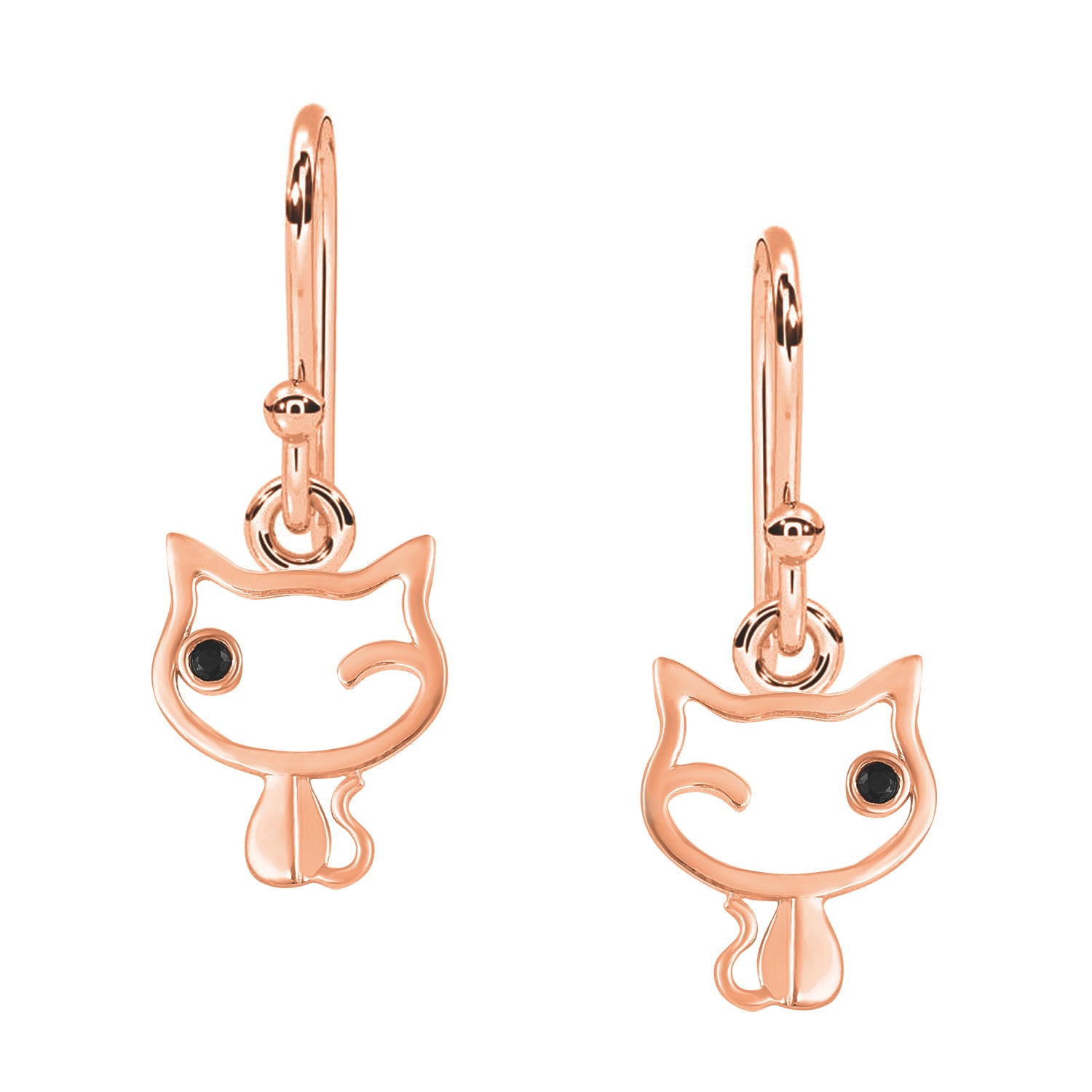 Black Spinel Winking Cat Outline Dangle Earrings - Sterling Silver