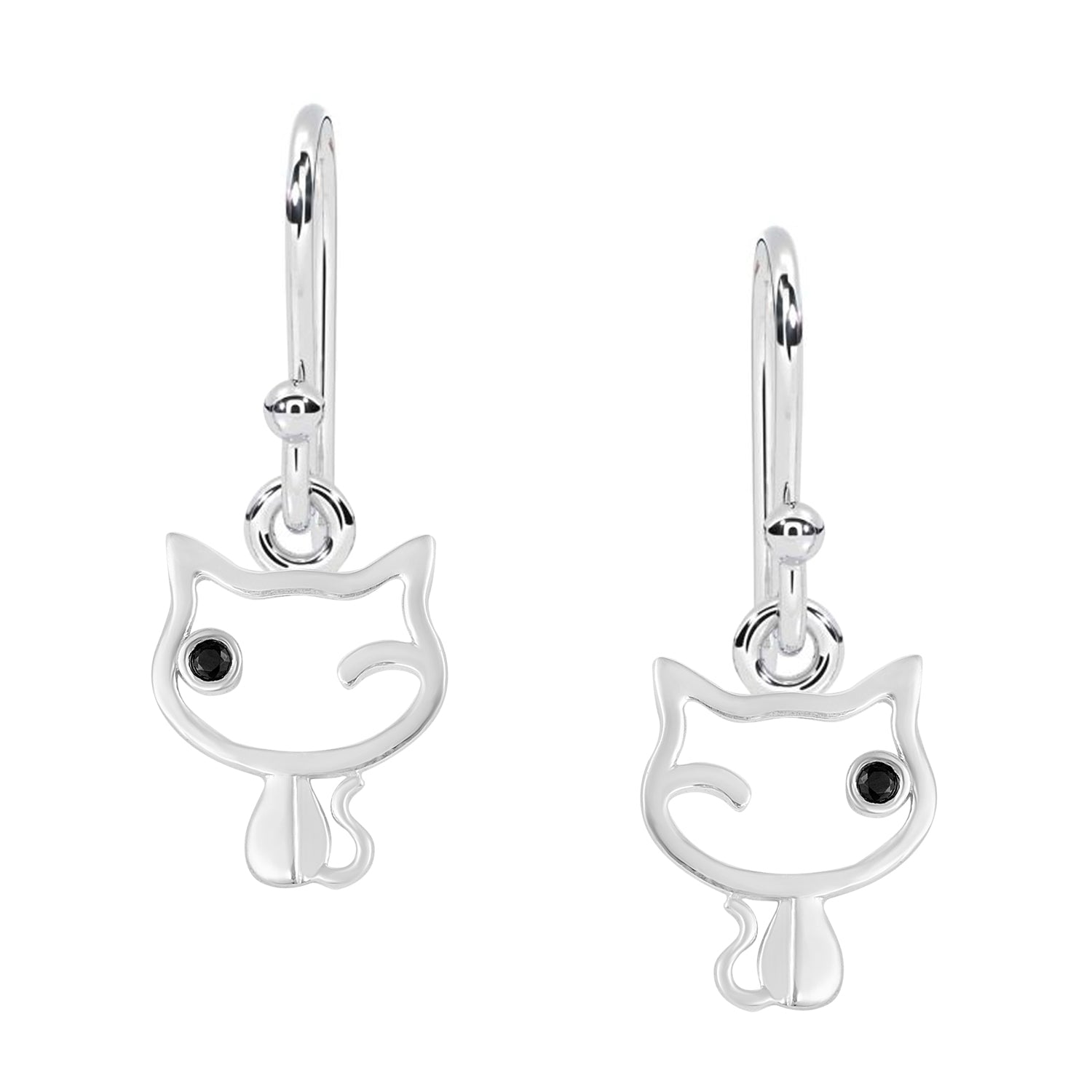 Black Spinel Winking Cat Outline Dangle Earrings - Sterling Silver