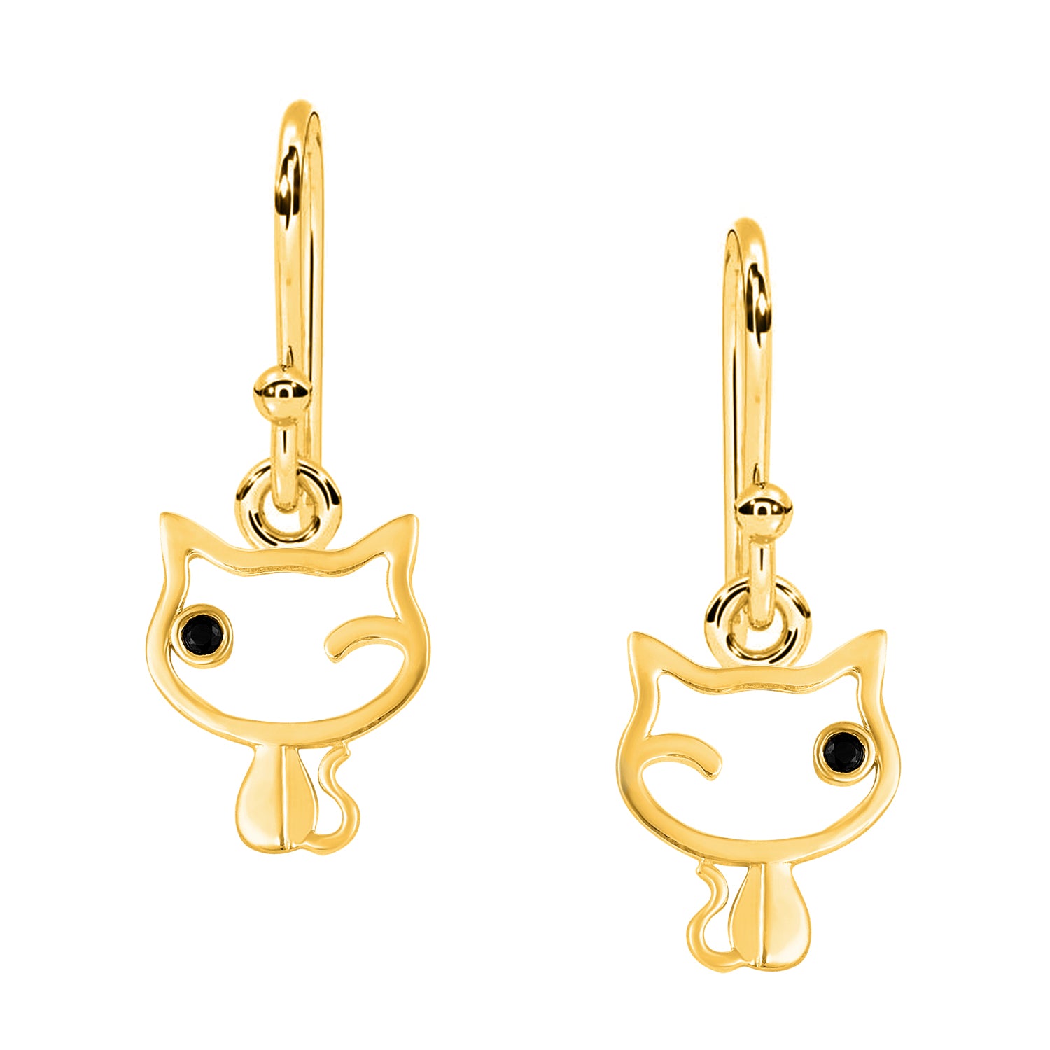 Black Spinel Winking Cat Outline Dangle Earrings - Sterling Silver