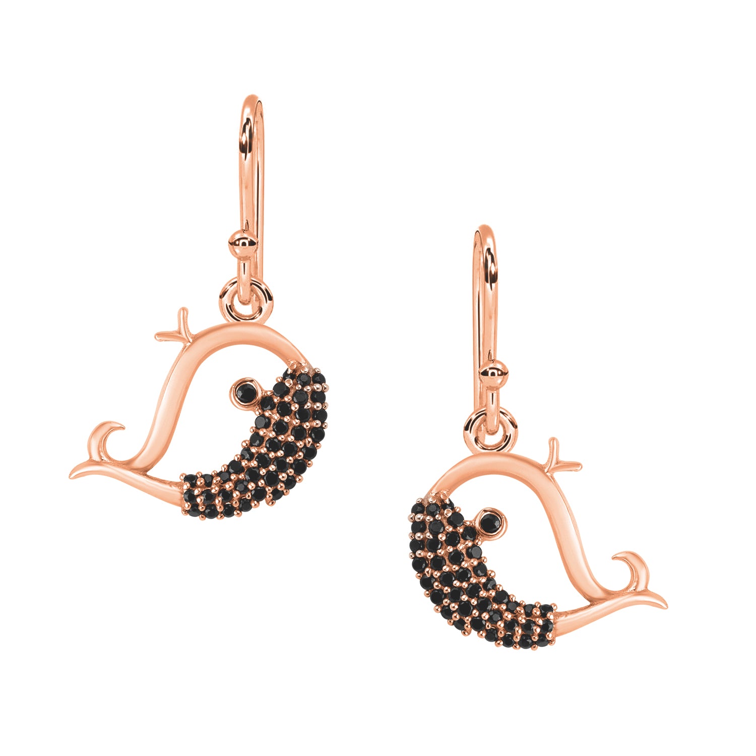Black Spinel Whimsical Dolphin Dangle Earrings - Sterling Silver