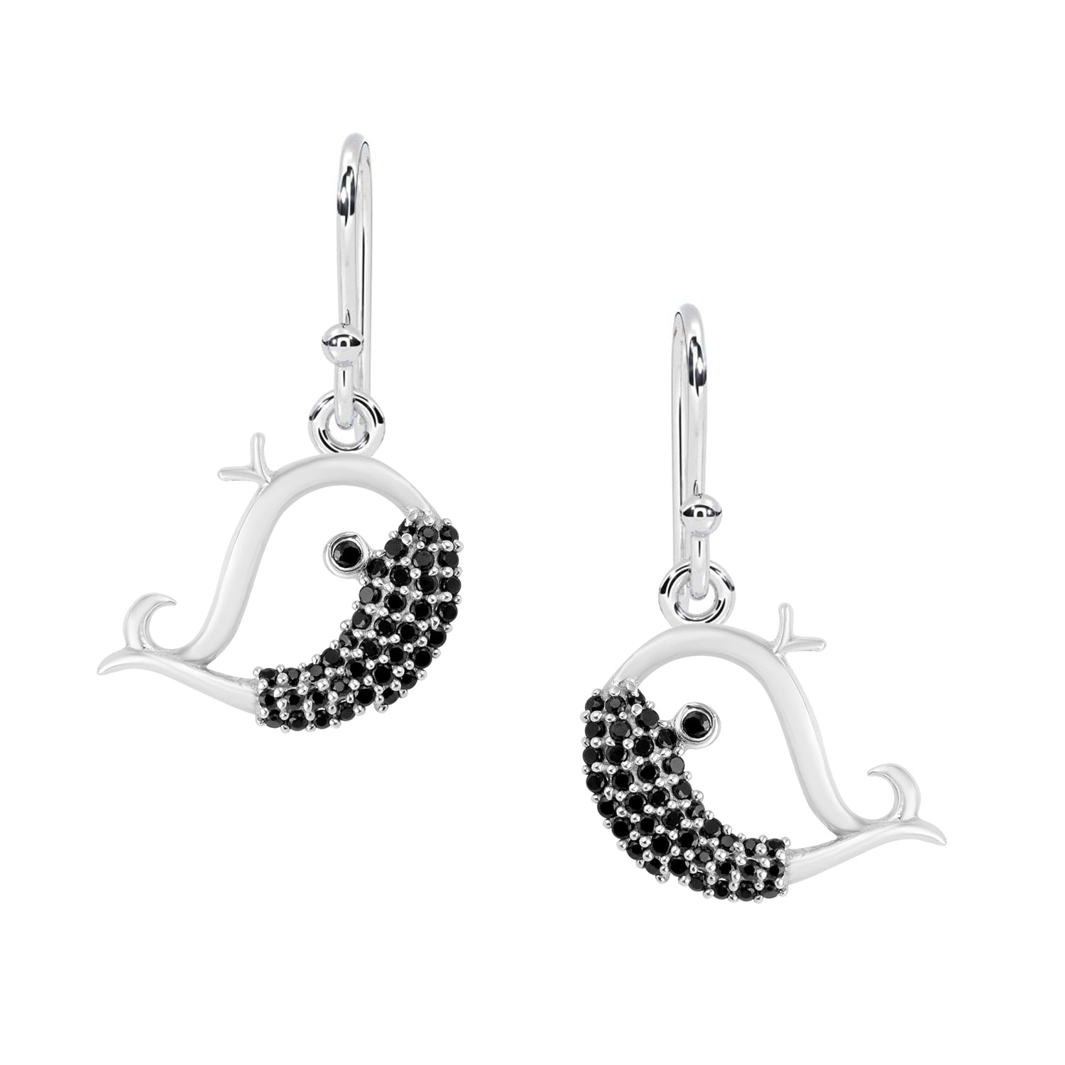 Black Spinel Whimsical Dolphin Dangle Earrings - Sterling Silver