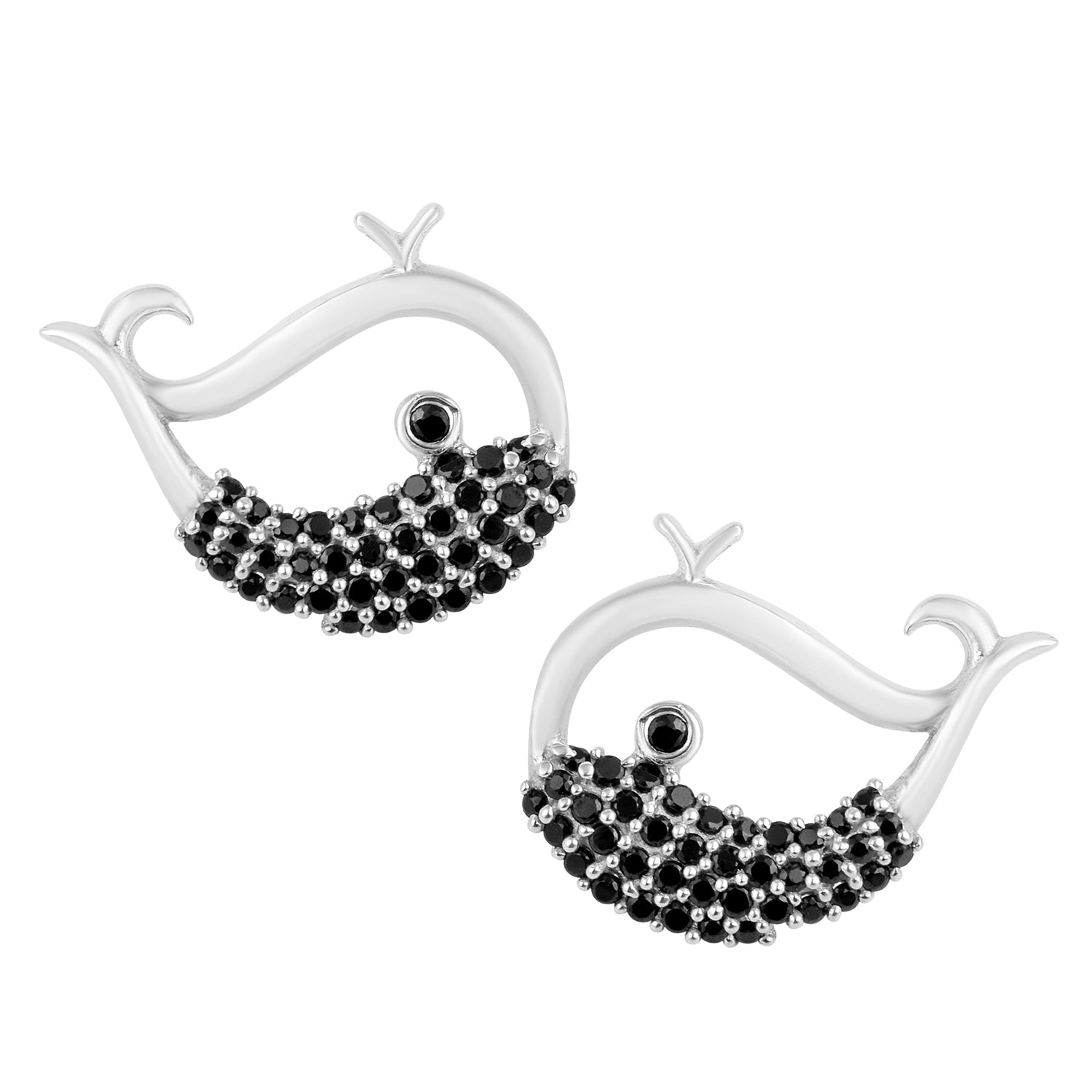 Black Spinel Whale Fish Earrings - Sterling Silver