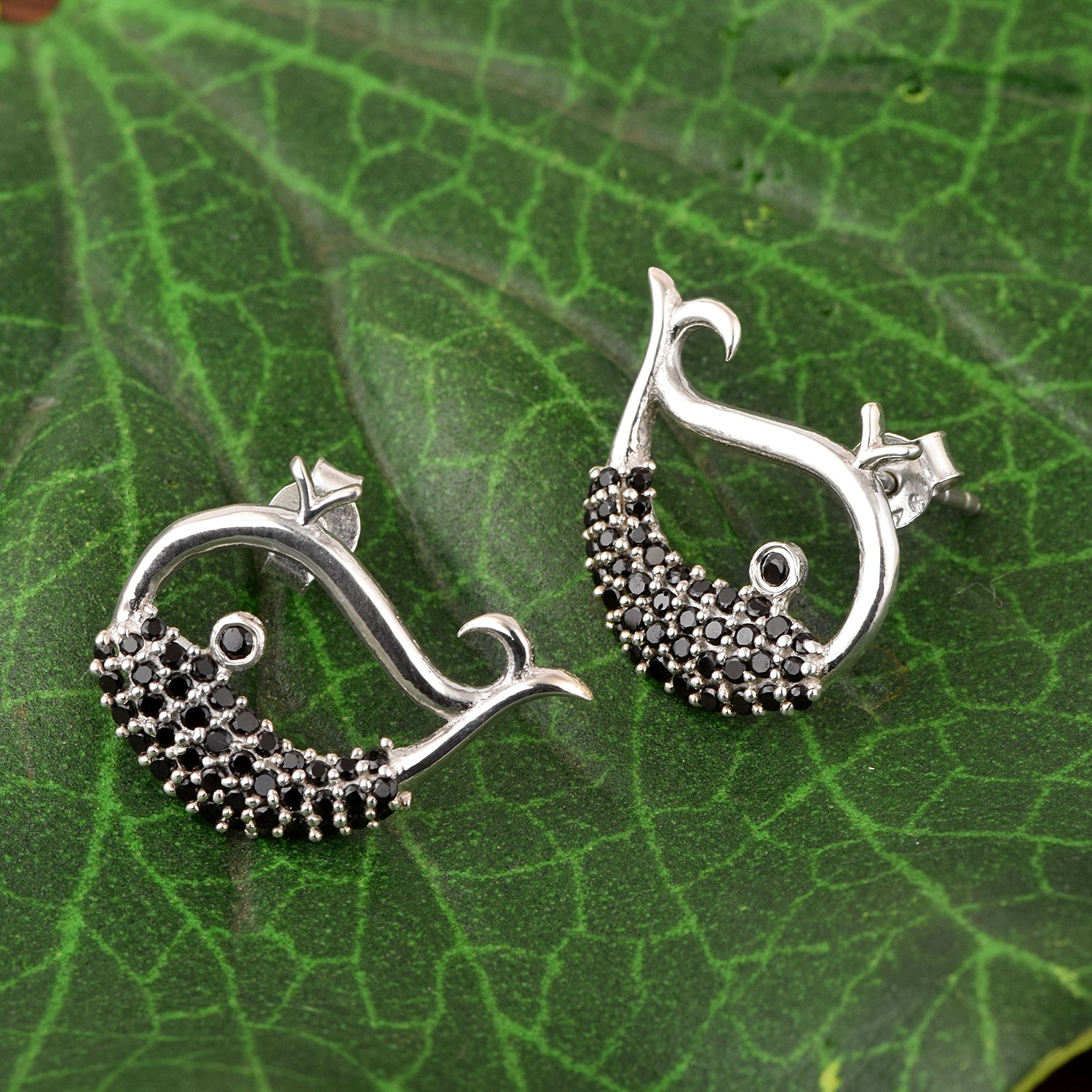 Black Spinel Whale Fish Earrings - Sterling Silver