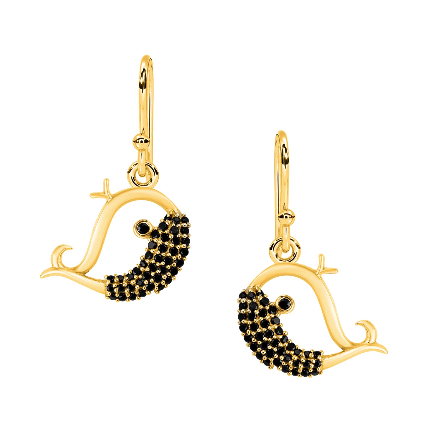 Black Spinel Whimsical Dolphin Dangle Earrings - Sterling Silver