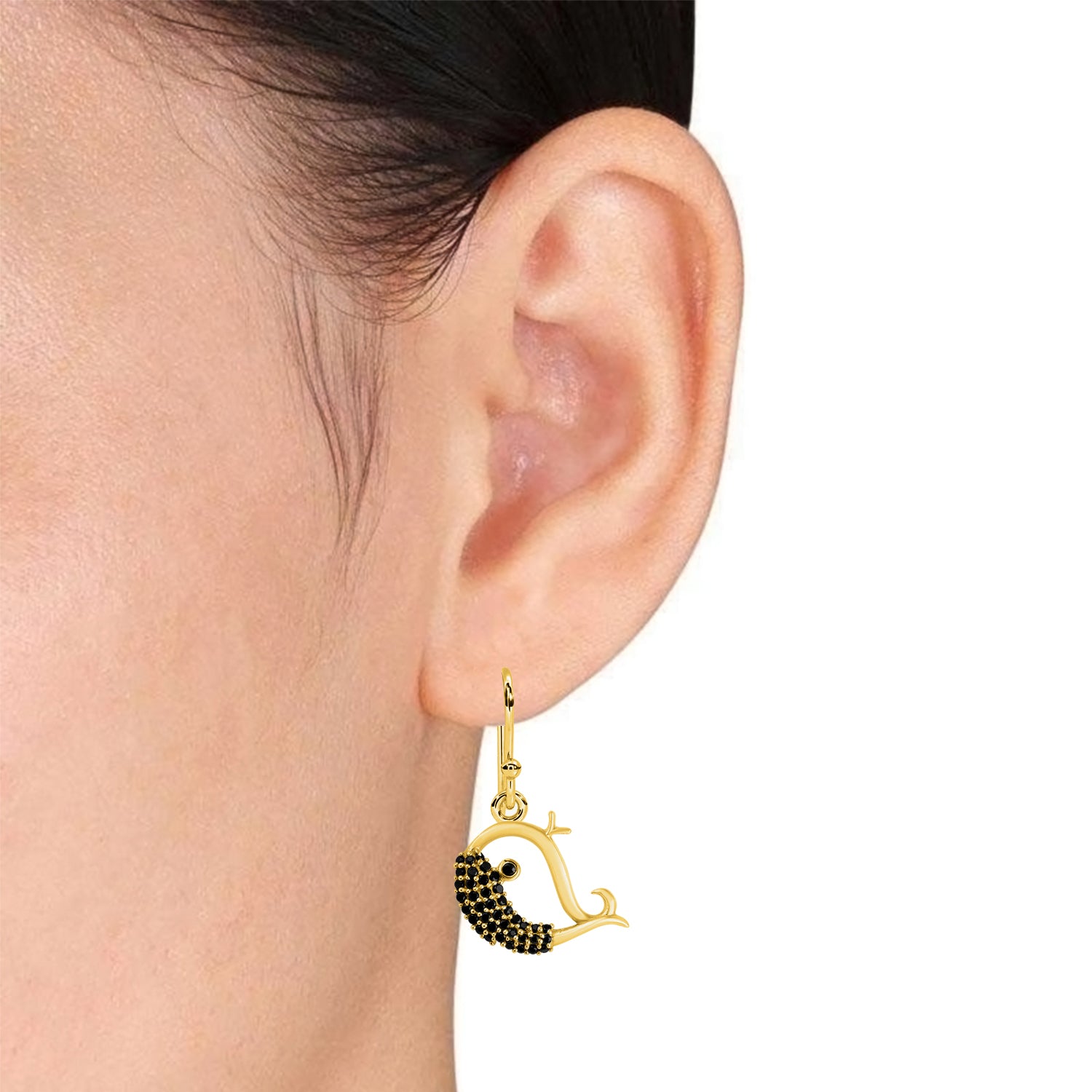 Black Spinel Whimsical Dolphin Dangle Earrings - Sterling Silver