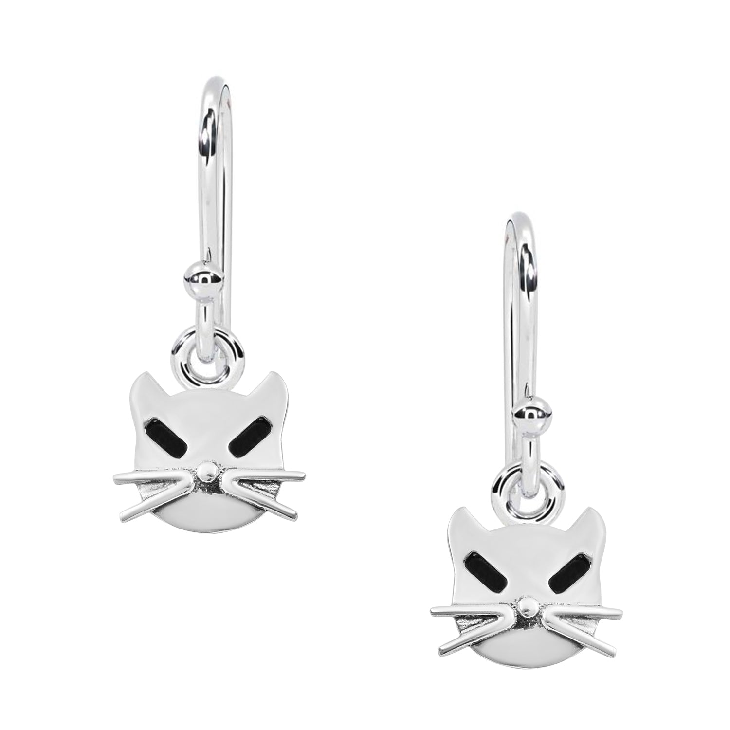 Playful Cat Face Dangle Earrings - Sterling Silver
