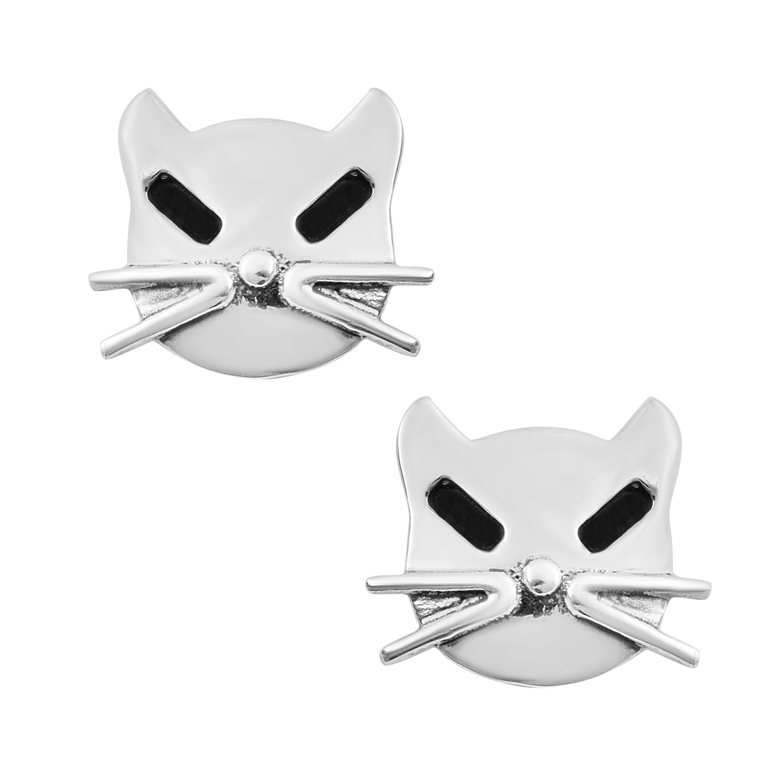 Cat Face Stud Earrings - Sterling Silver