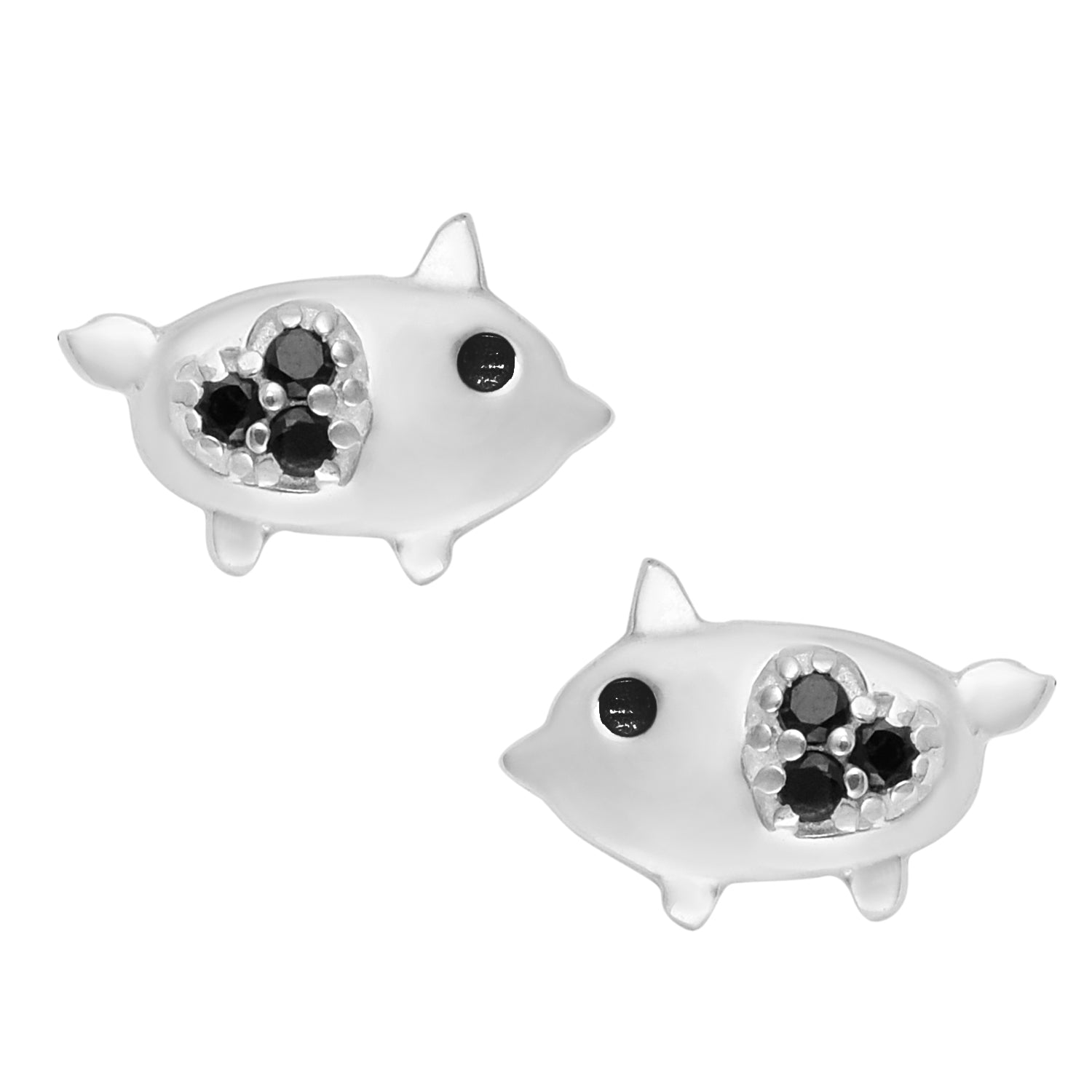 Black Spinel Piglet Stud Earrings - Sterling Silver