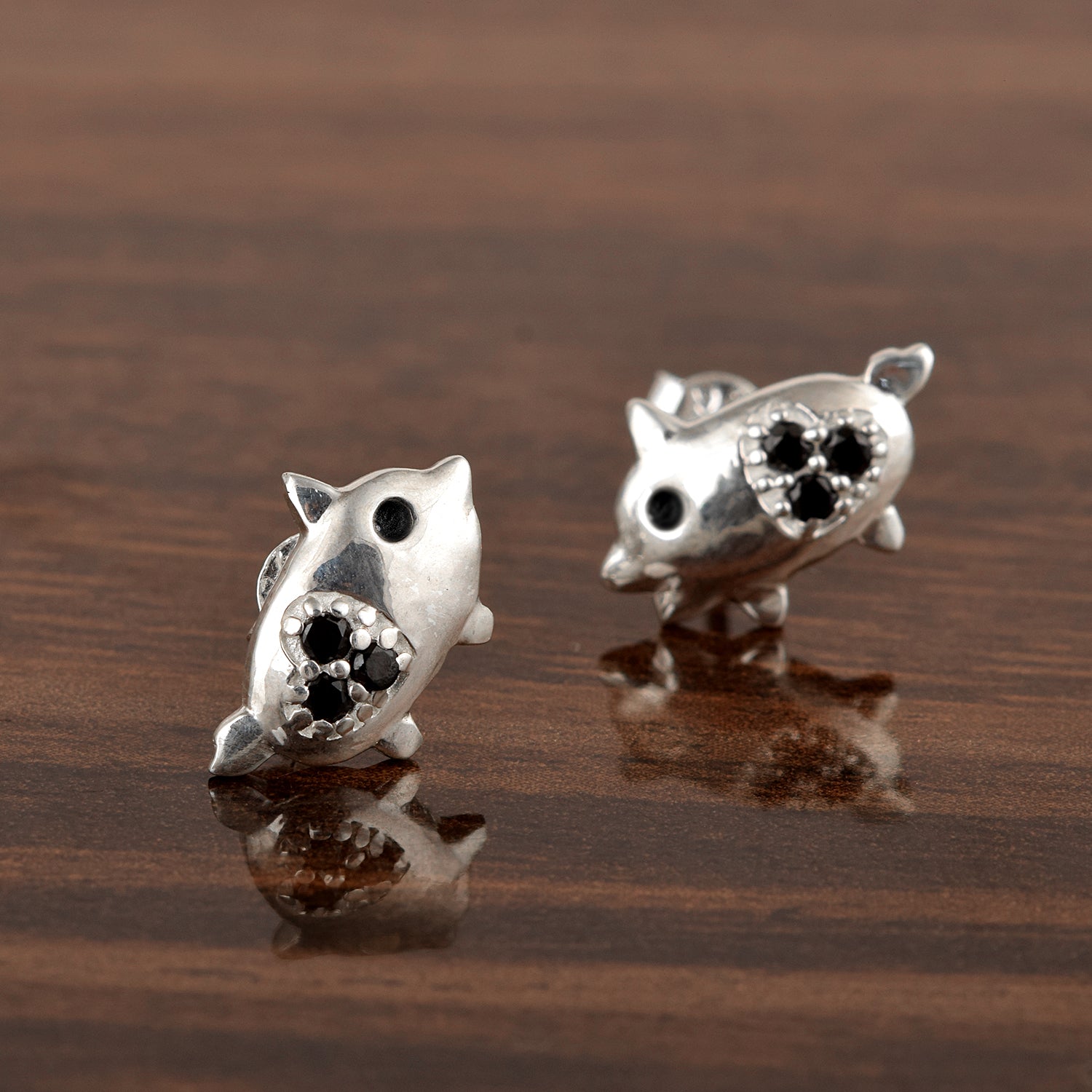 Black Spinel Piglet Stud Earrings - Sterling Silver