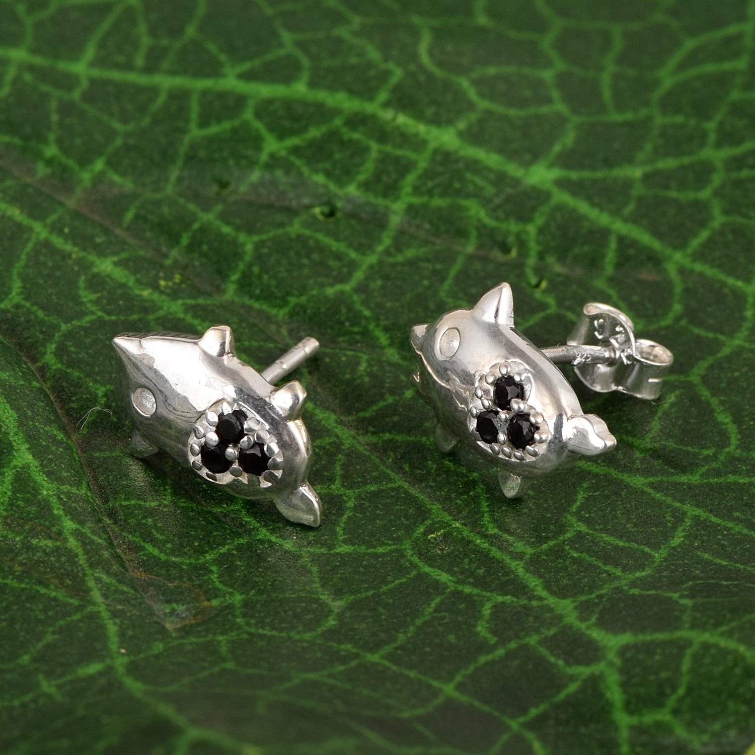 Black Spinel Piglet Stud Earrings - Sterling Silver